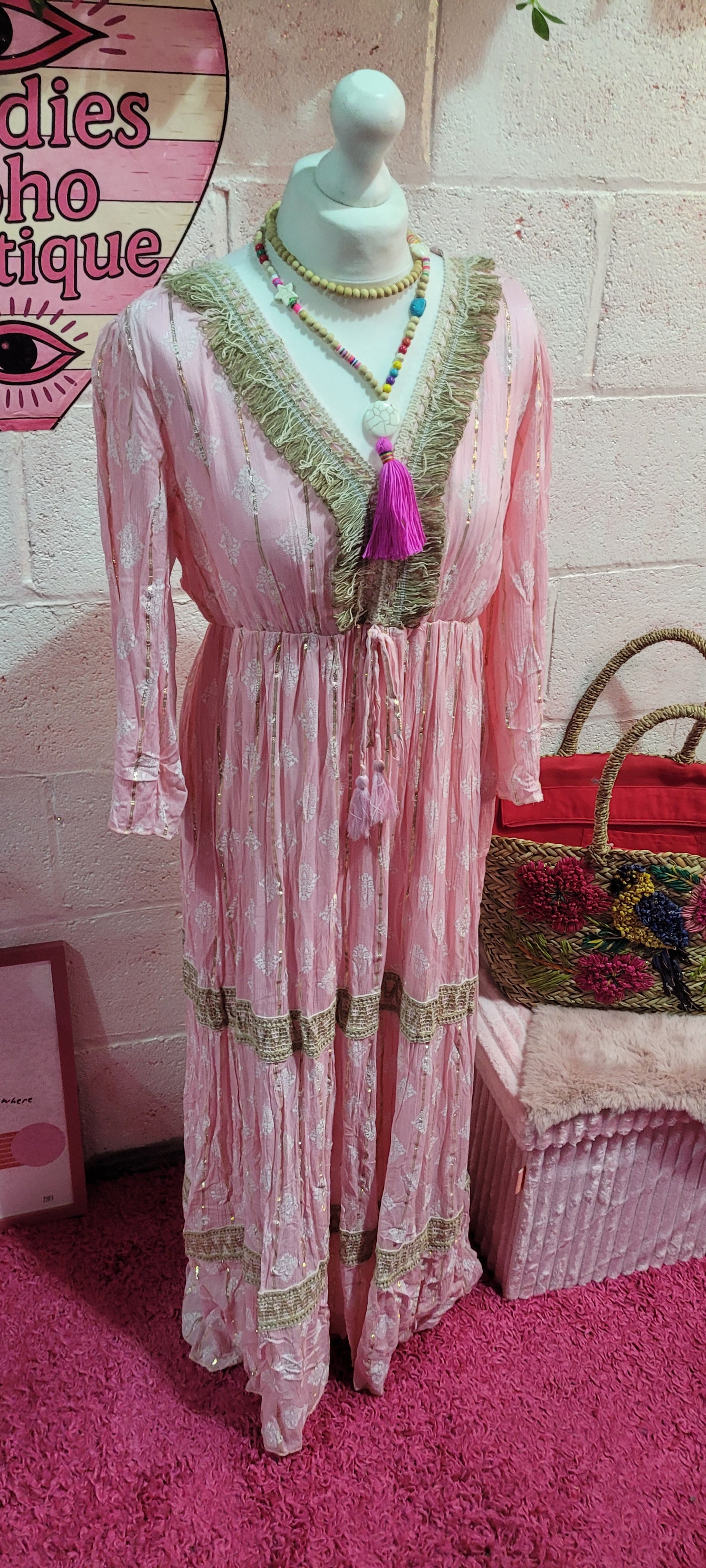 Mia Hessian Trimmed Maxi Dress Soft Pink & Gold