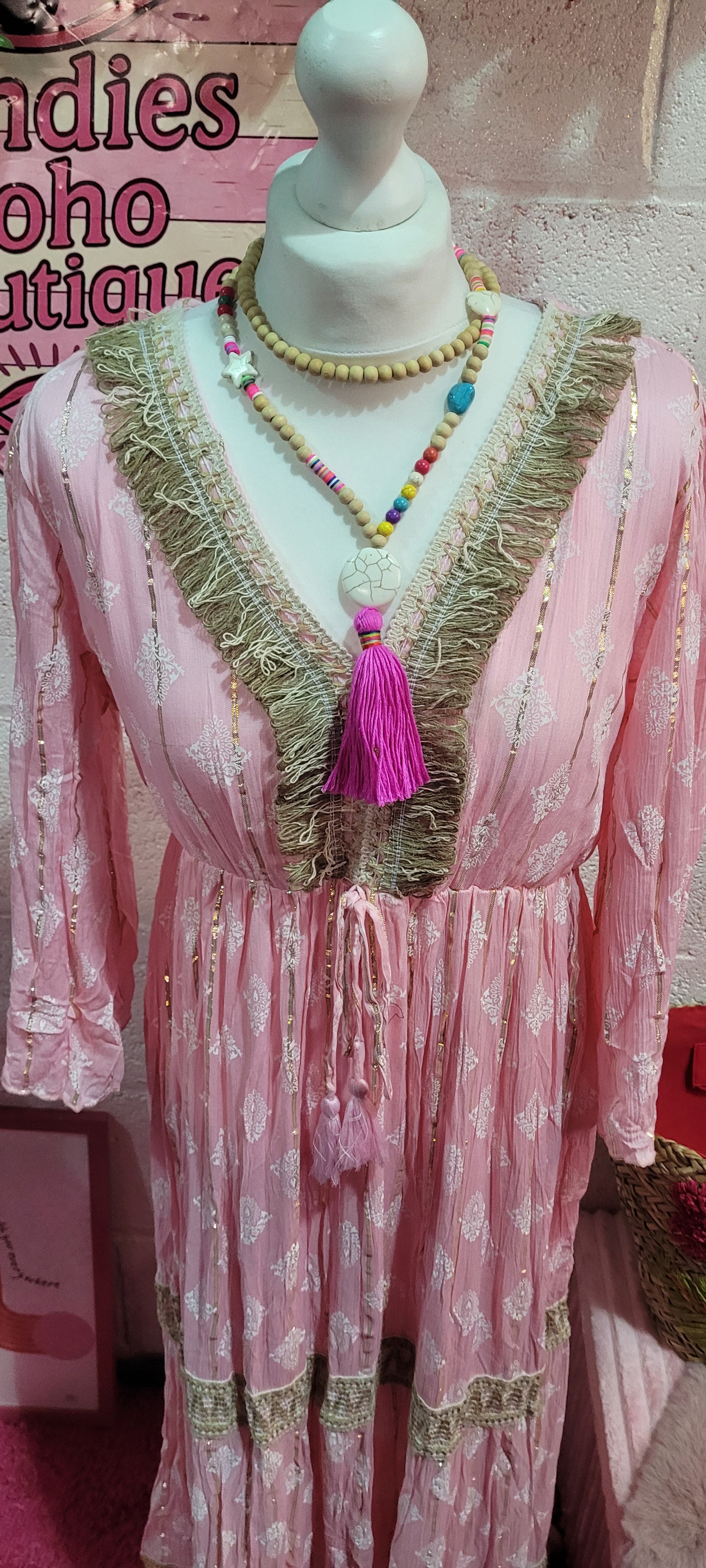 Mia Hessian Trimmed Maxi Dress Soft Pink & Gold