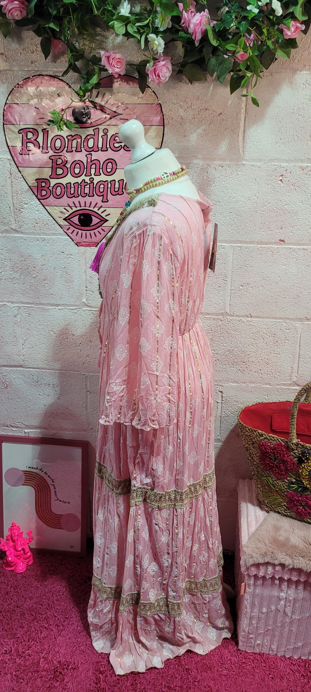 Mia Hessian Trimmed Maxi Dress Soft Pink & Gold