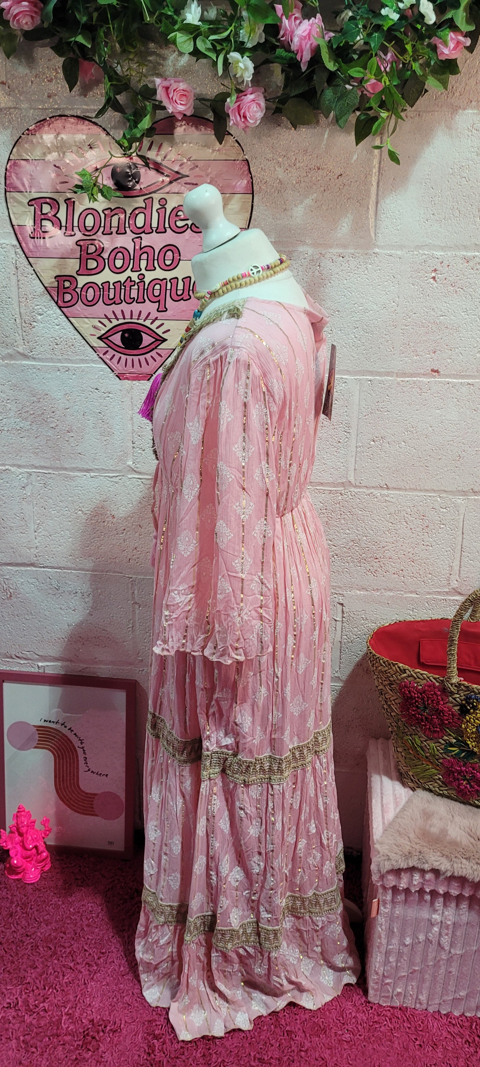 Mia Hessian Trimmed Maxi Dress Soft Pink & Gold