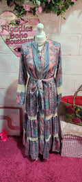 Blondies Lace Trimmed Button Down Tiered Maxi Dress Pastel Paisley