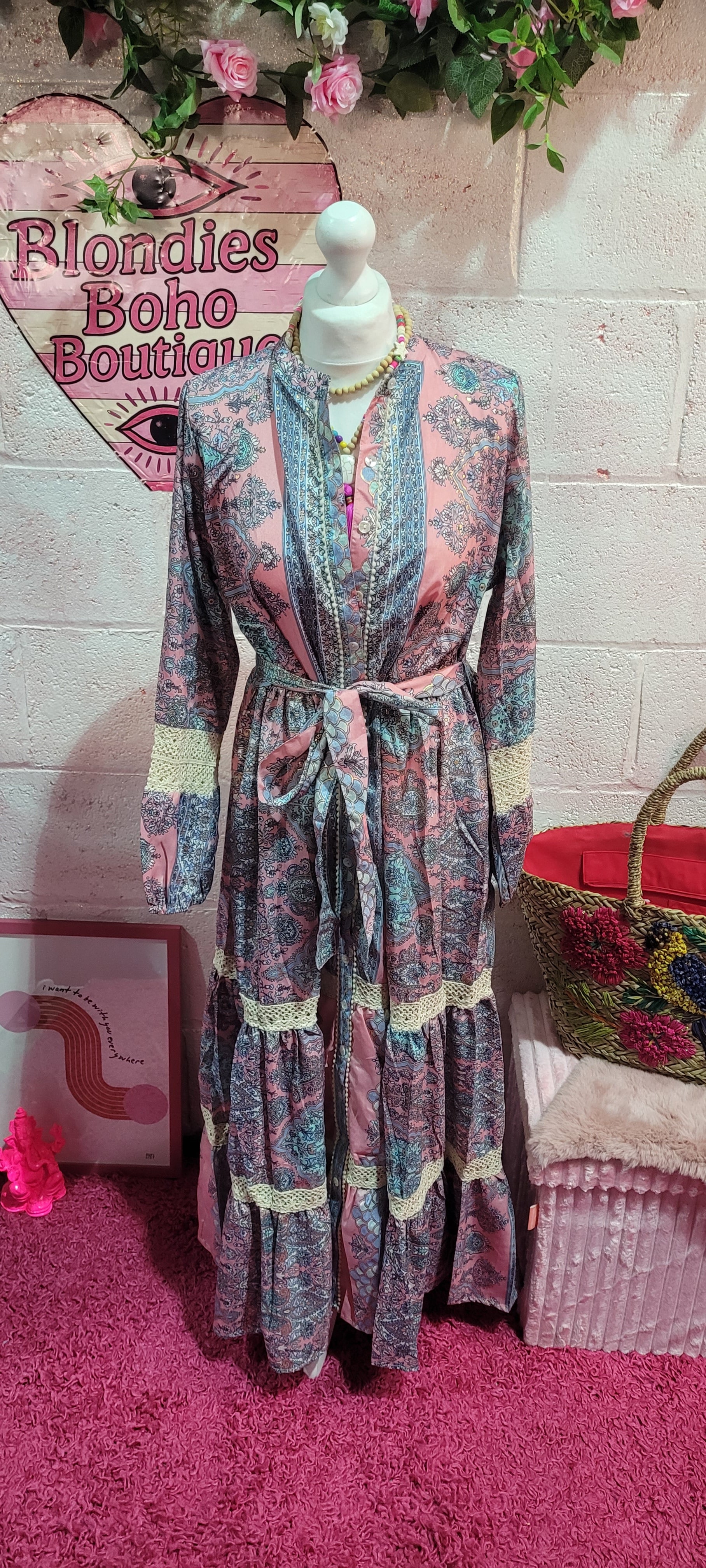 Blondies Lace Trimmed Button Down Tiered Maxi Dress Pastel Paisley