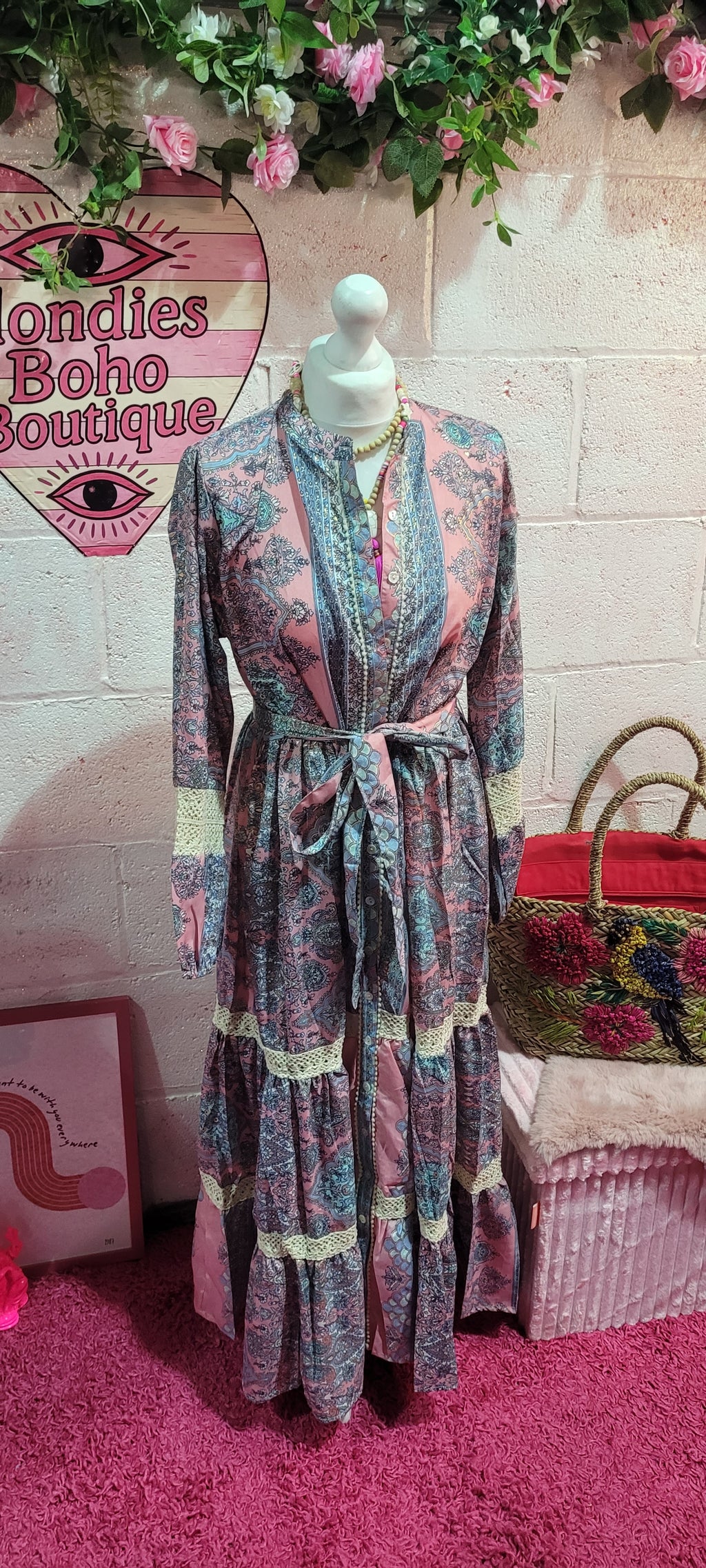 Blondies Lace Trimmed Button Down Tiered Maxi Dress Pastel Paisley