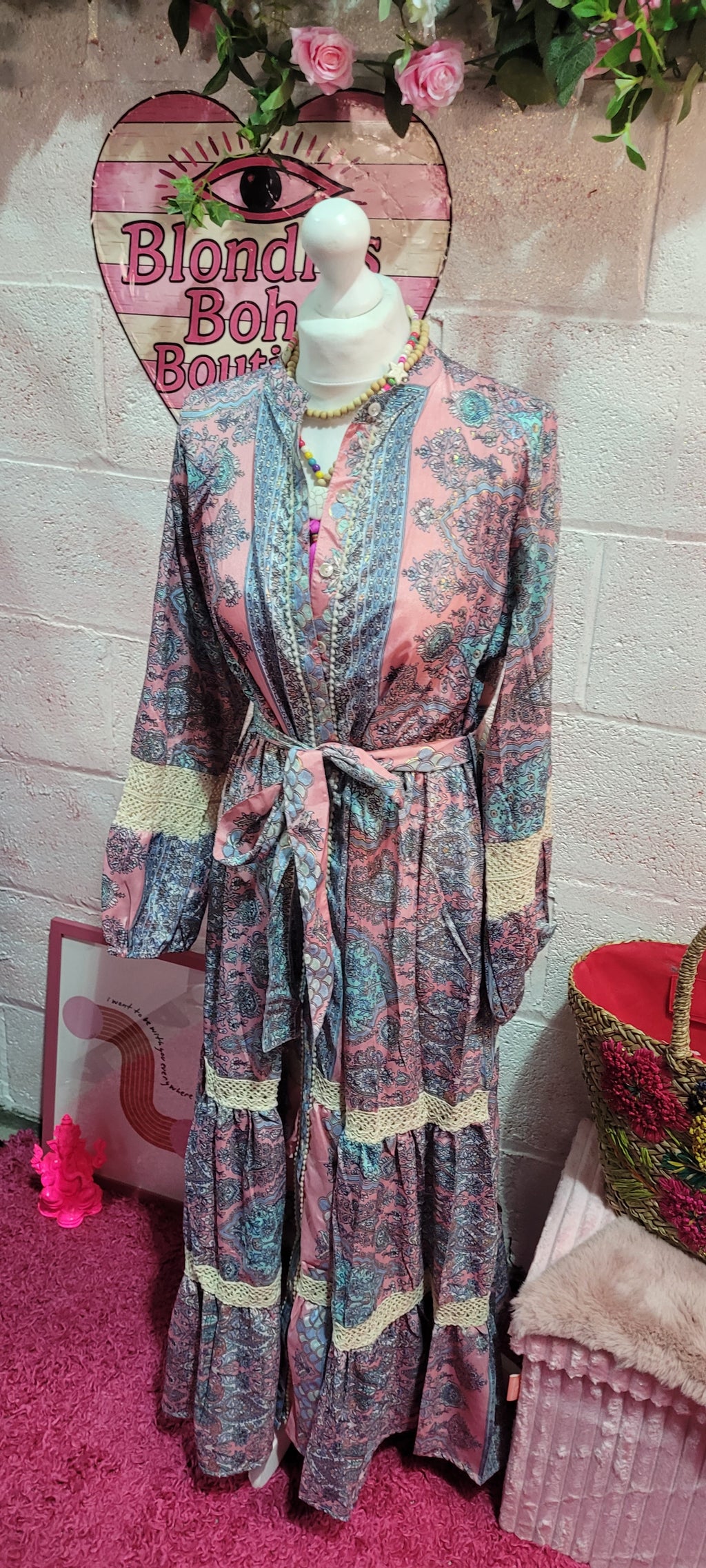Blondies Lace Trimmed Button Down Tiered Maxi Dress Pastel Paisley
