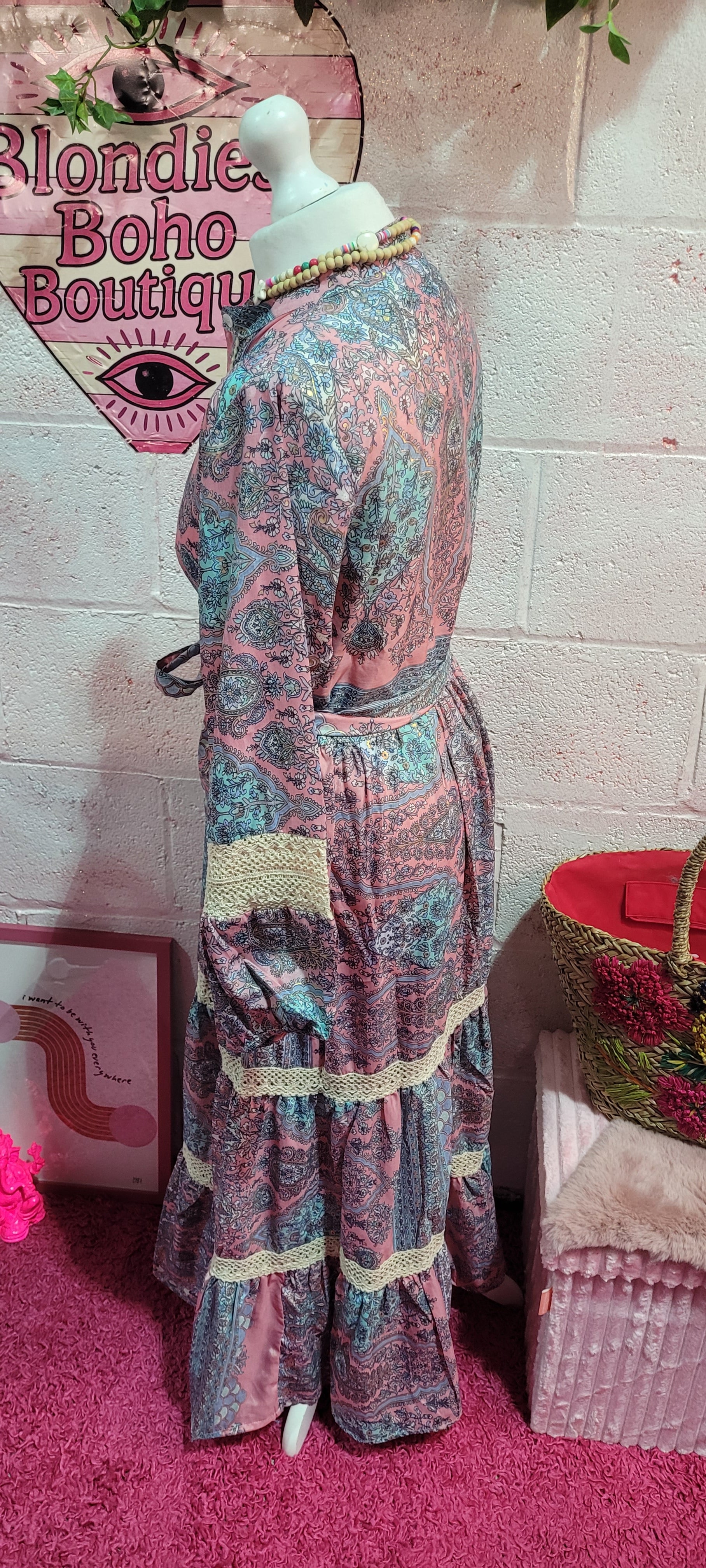 Blondies Lace Trimmed Button Down Tiered Maxi Dress Pastel Paisley