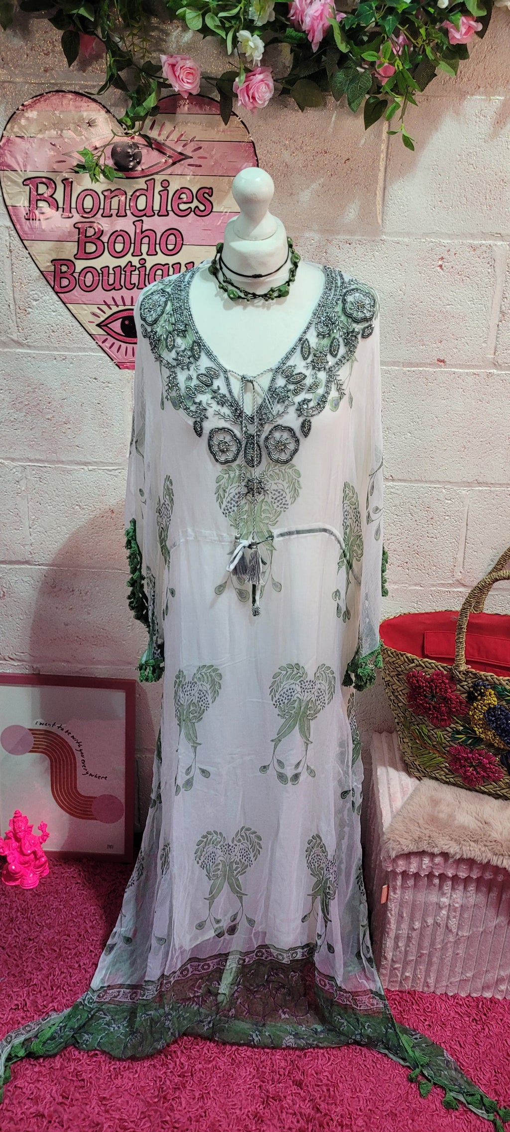 Jordana Silver, White & Green Tassel Trimmed Embellished Kaftan