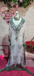 Jordana Silver, White & Green Tassel Trimmed Embellished Kaftan