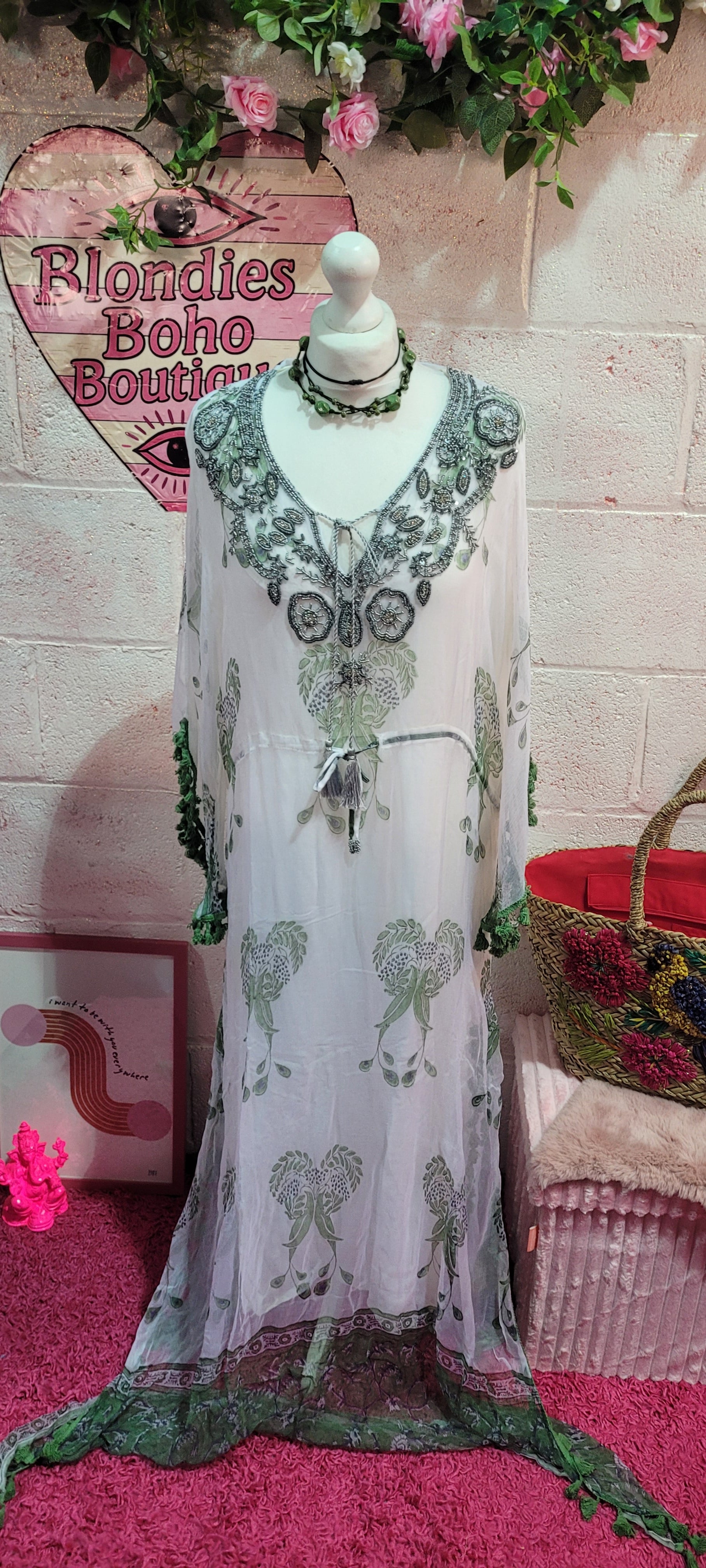 Jordana Silver, White & Green Tassel Trimmed Embellished Kaftan