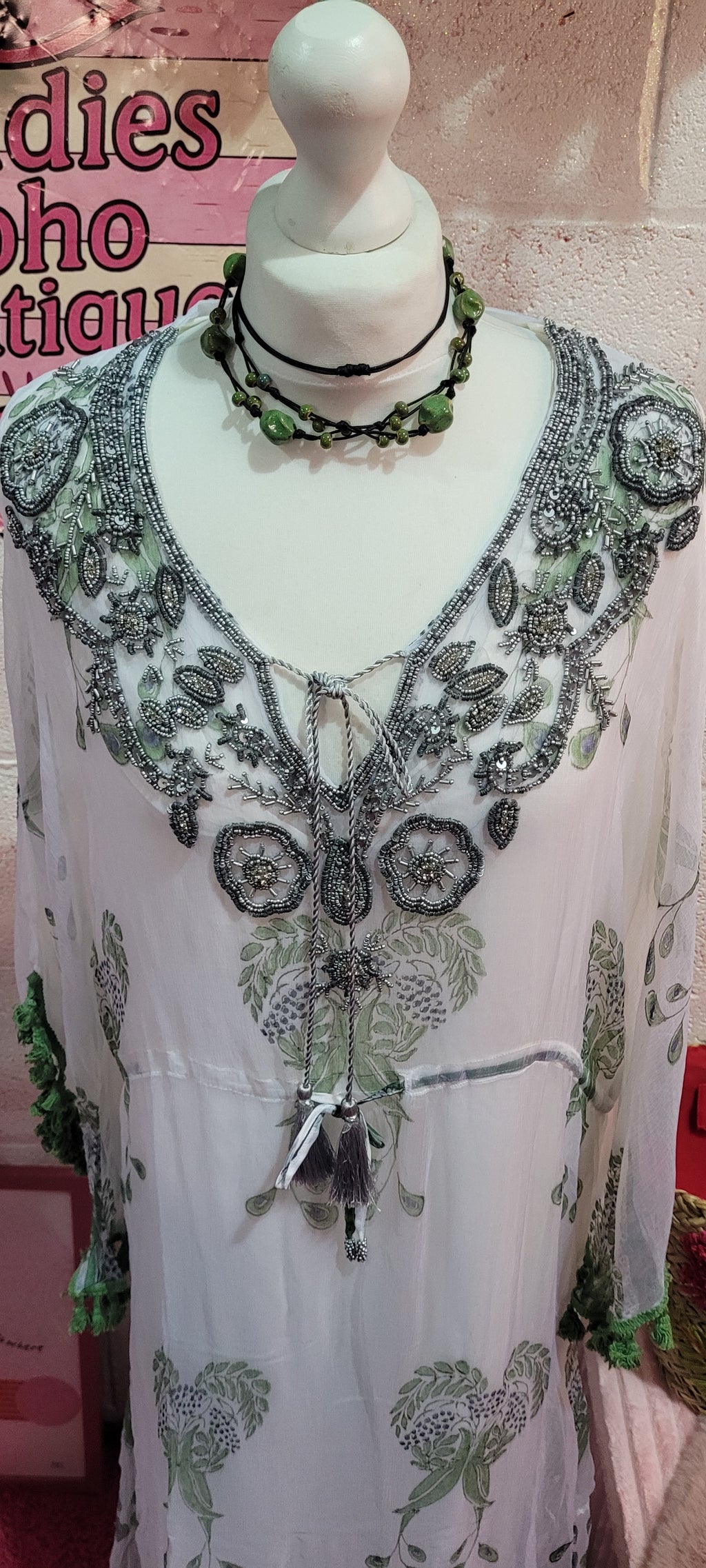Jordana Silver, White & Green Tassel Trimmed Embellished Kaftan