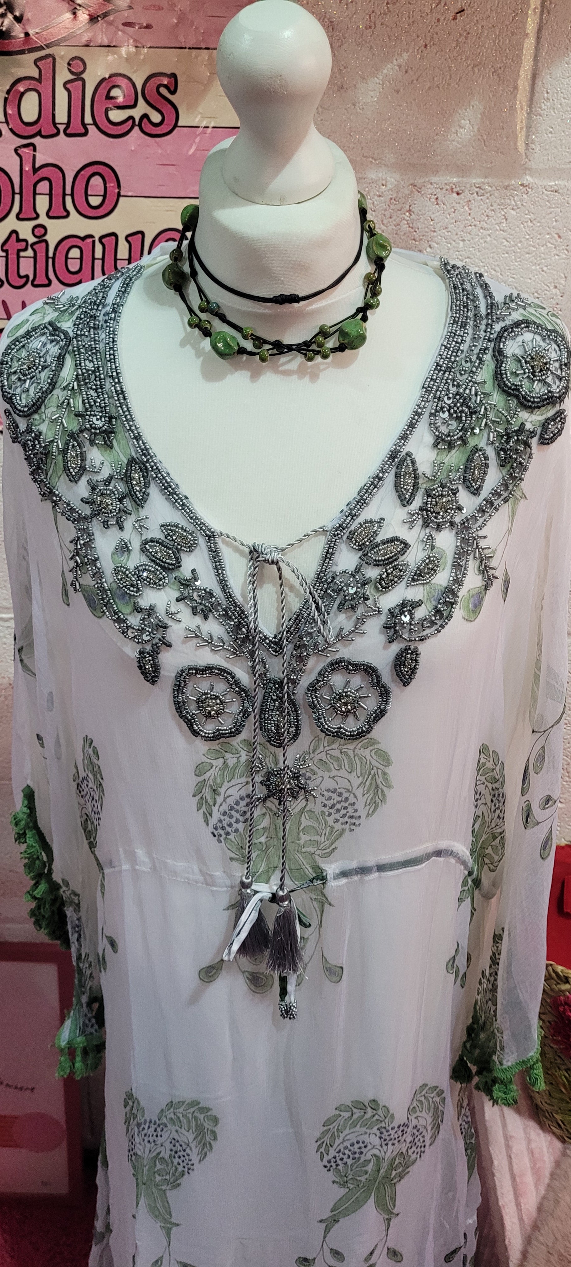 Jordana Silver, White & Green Tassel Trimmed Embellished Kaftan