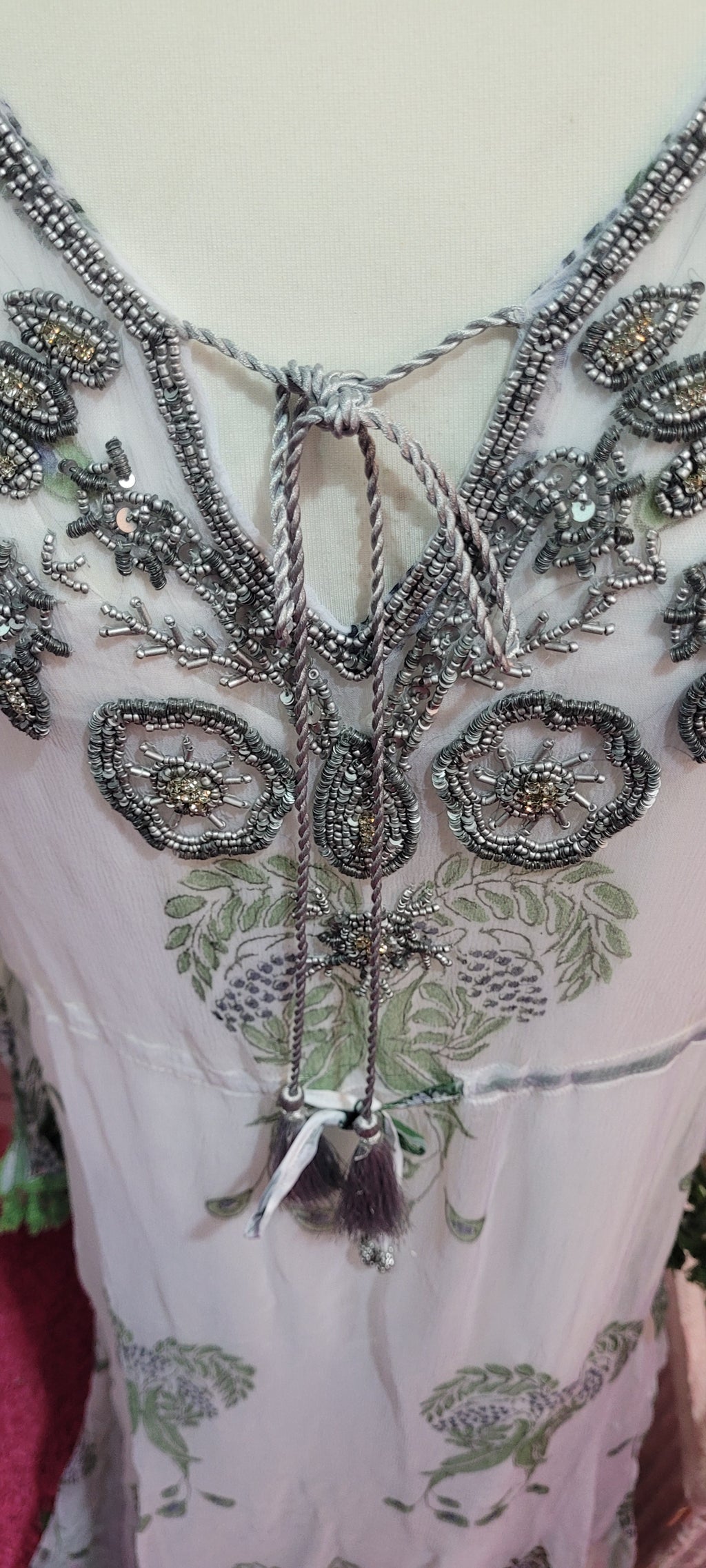 Jordana Silver, White & Green Tassel Trimmed Embellished Kaftan