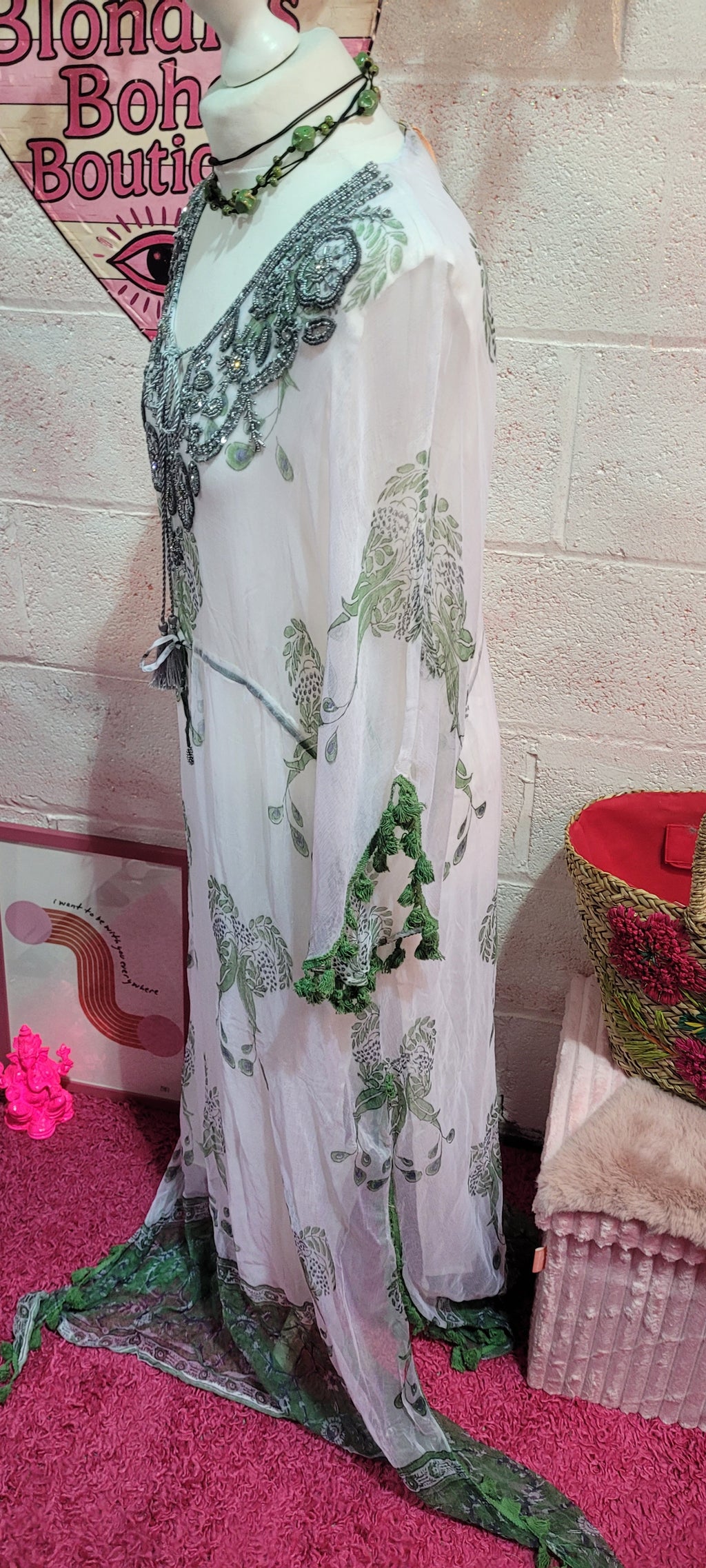 Jordana Silver, White & Green Tassel Trimmed Embellished Kaftan
