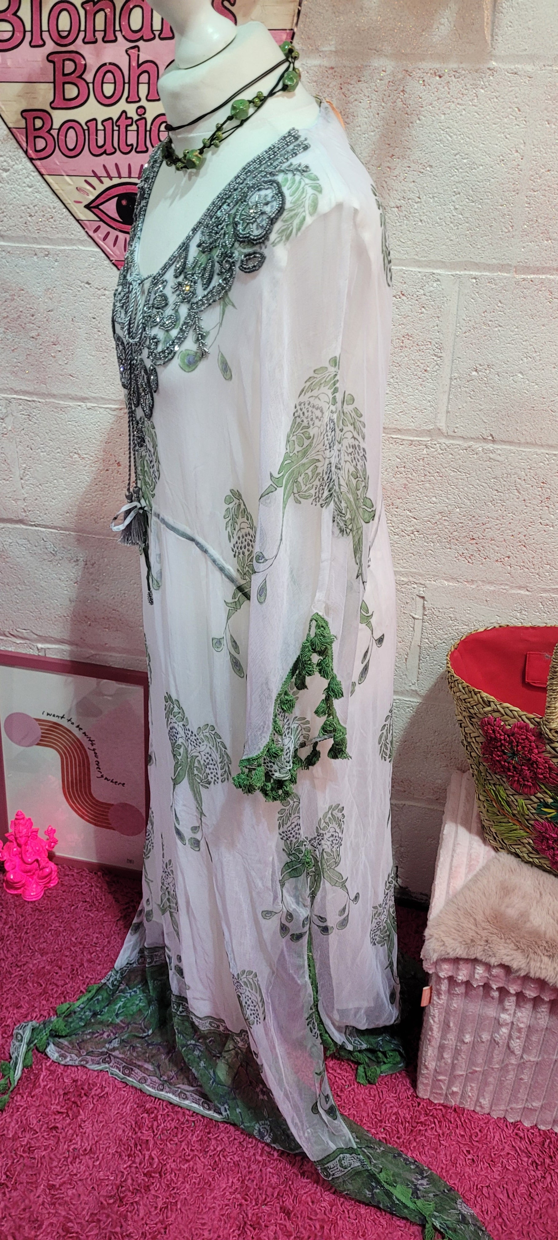 Jordana Silver, White & Green Tassel Trimmed Embellished Kaftan