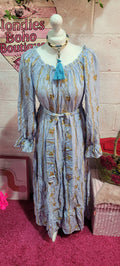 Daisy Embellished Gilt Bardot Belted Maxi Dress Powder Blue & Gold