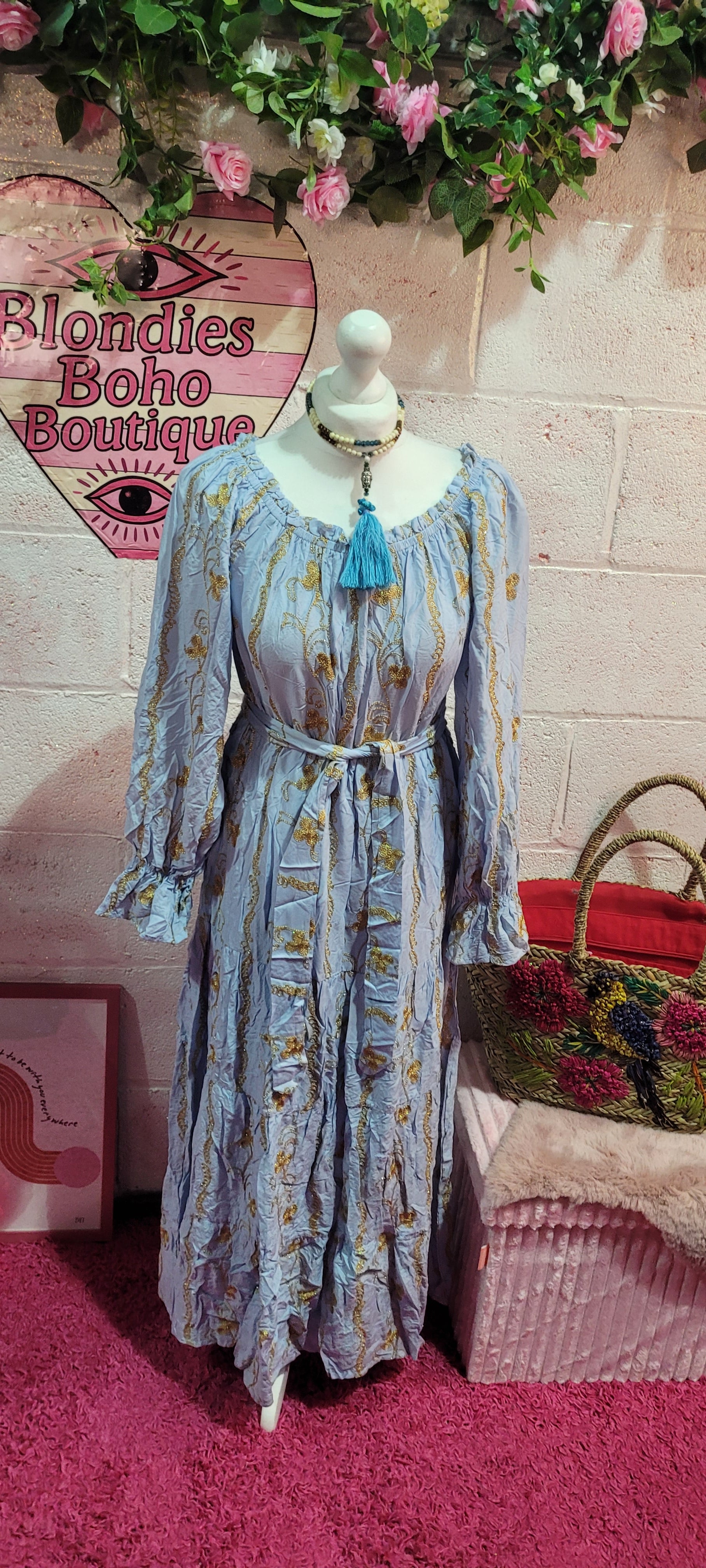 Daisy Embellished Gilt Bardot Belted Maxi Dress Powder Blue & Gold
