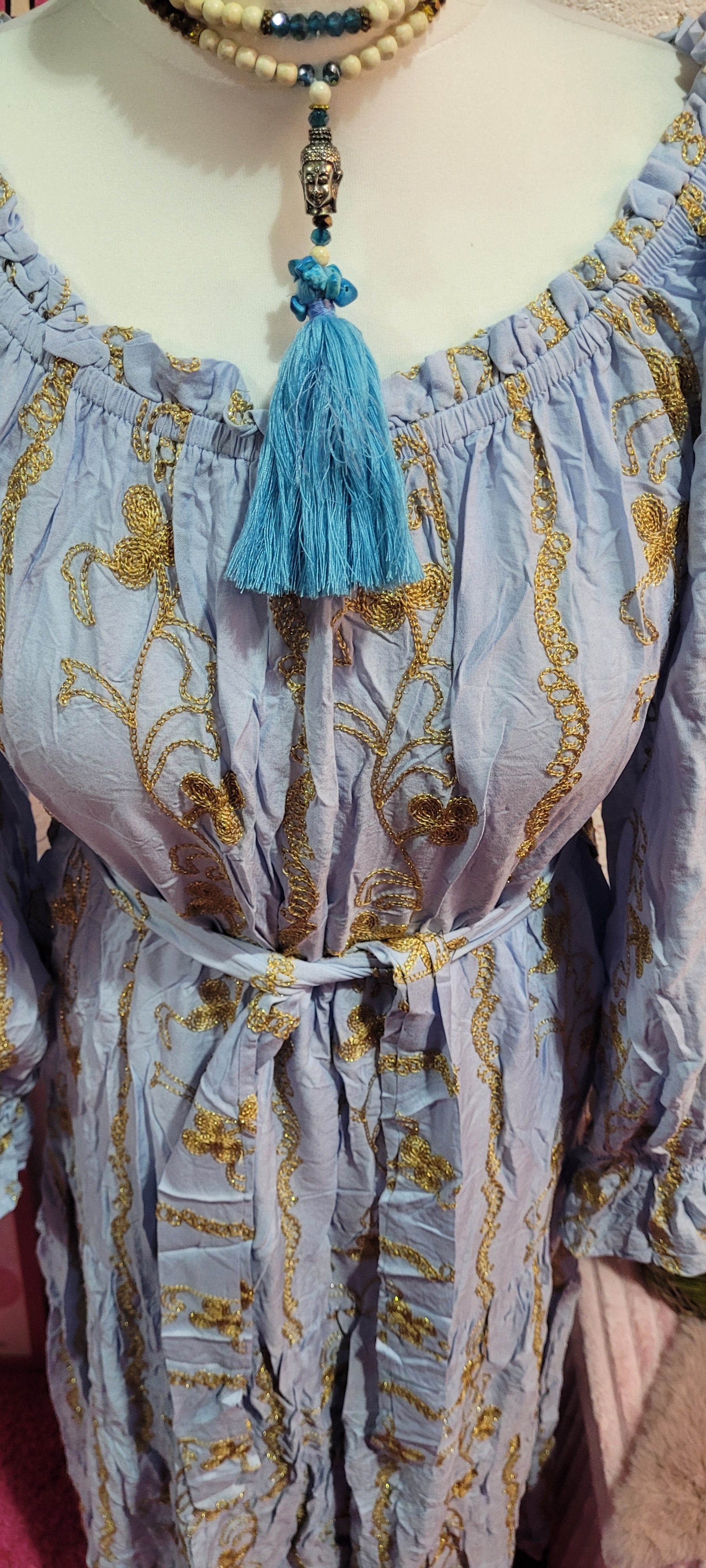 Daisy Embellished Gilt Bardot Belted Maxi Dress Powder Blue & Gold