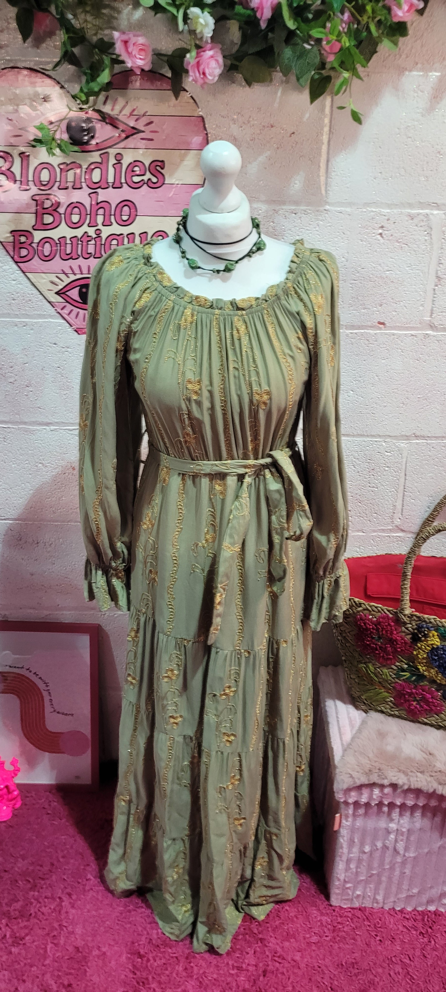 Daisy Embellished Gilt Bardot Belted Maxi Dress Sage & Gold
