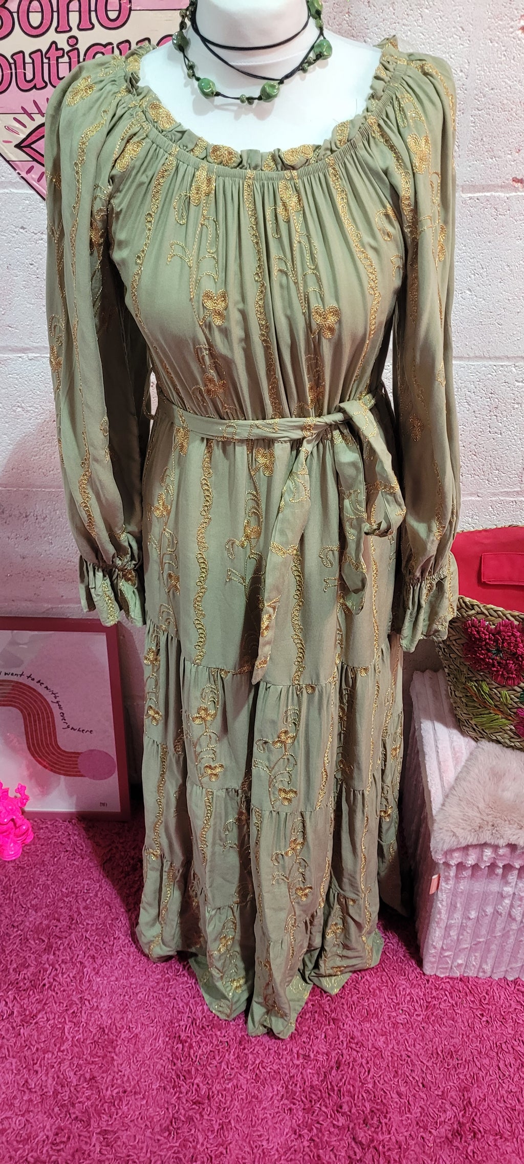 Daisy Embellished Gilt Bardot Belted Maxi Dress Sage & Gold