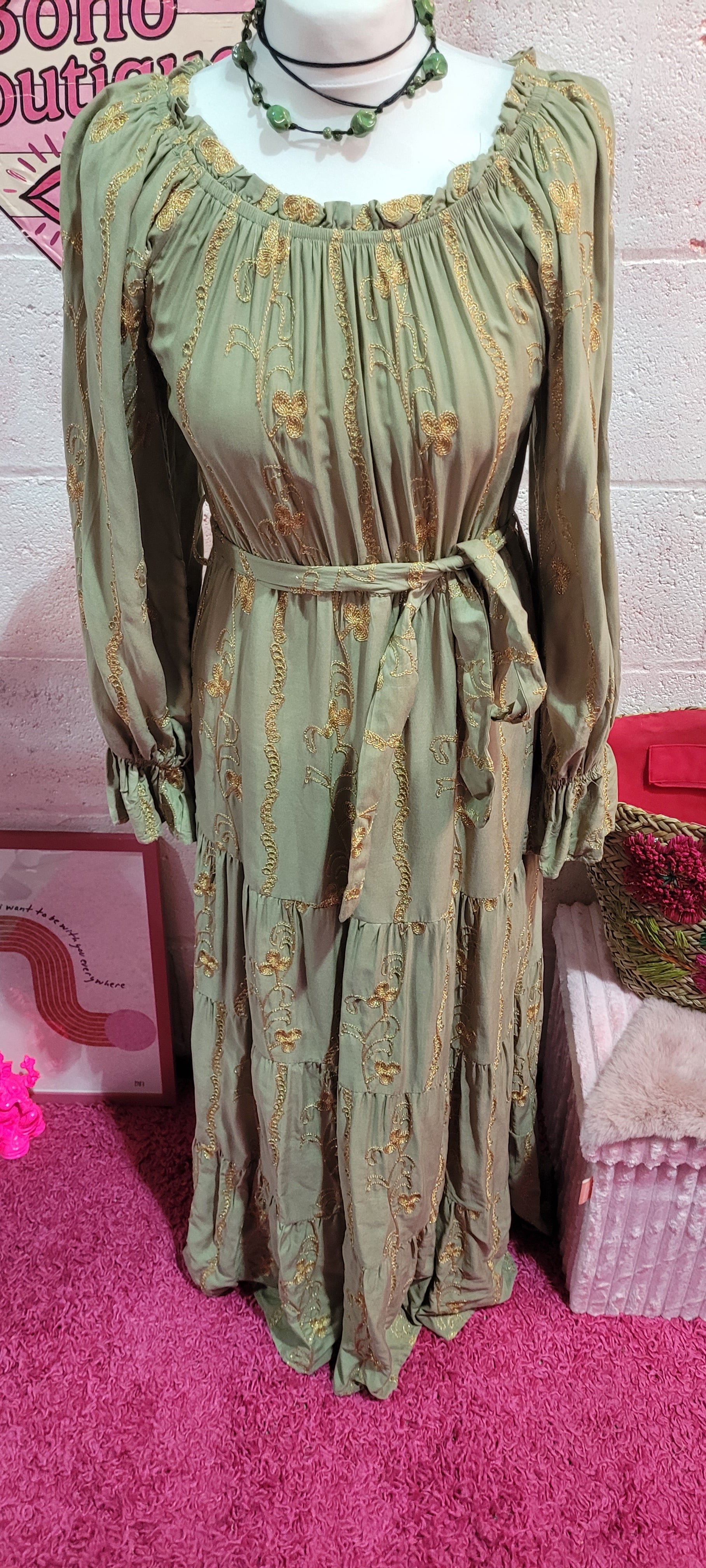 Daisy Embellished Gilt Bardot Belted Maxi Dress Sage & Gold