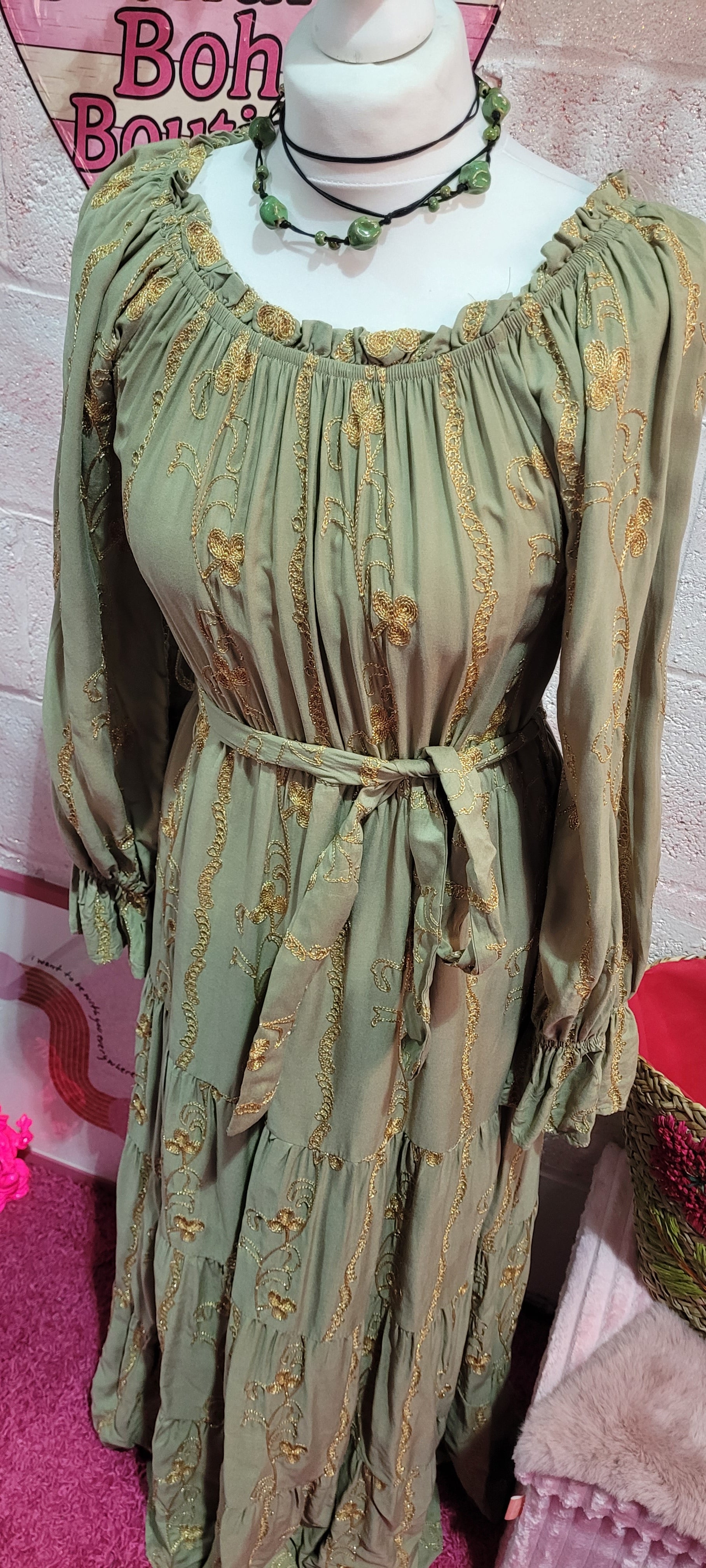 Daisy Embellished Gilt Bardot Belted Maxi Dress Sage & Gold