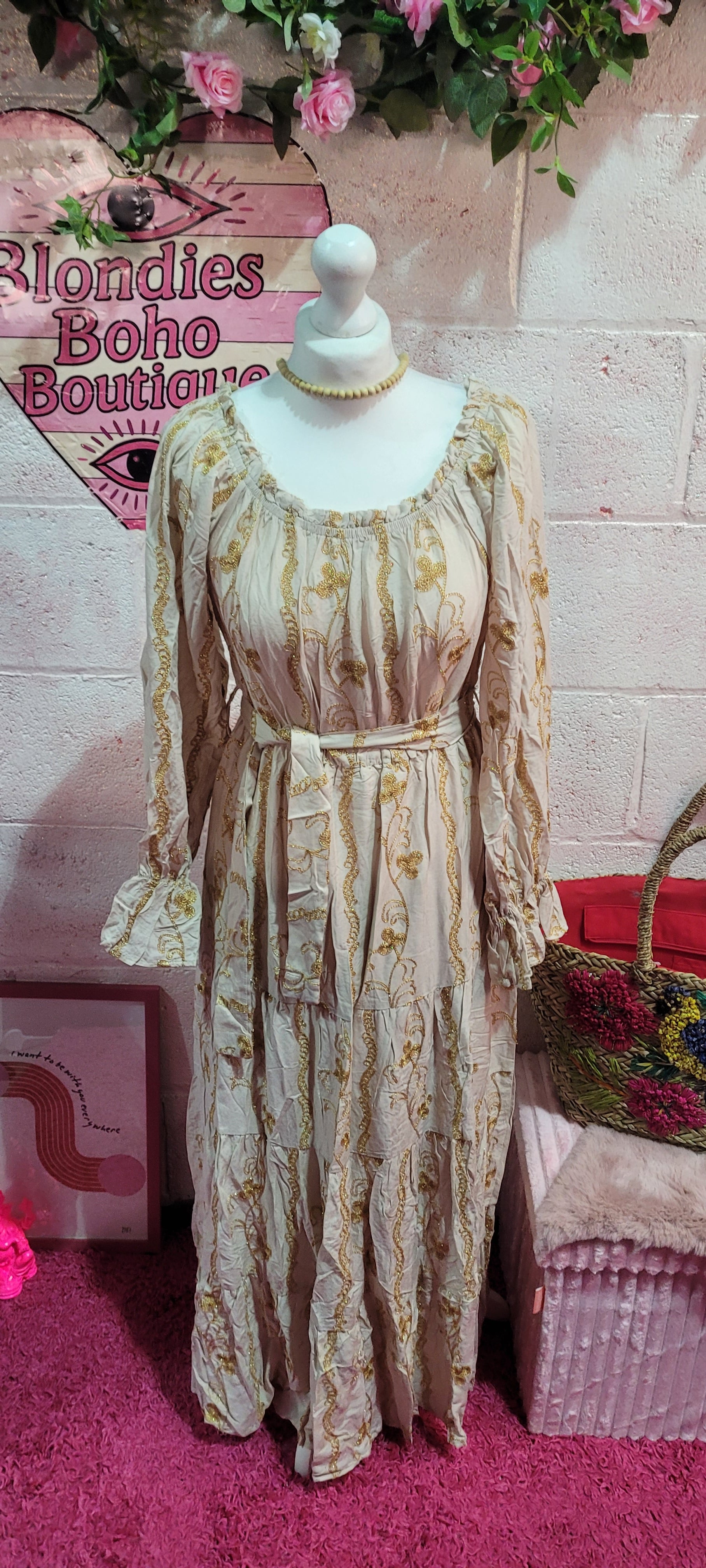 Daisy Embellished Gilt Bardot Belted Maxi Dress Ivory & Gold