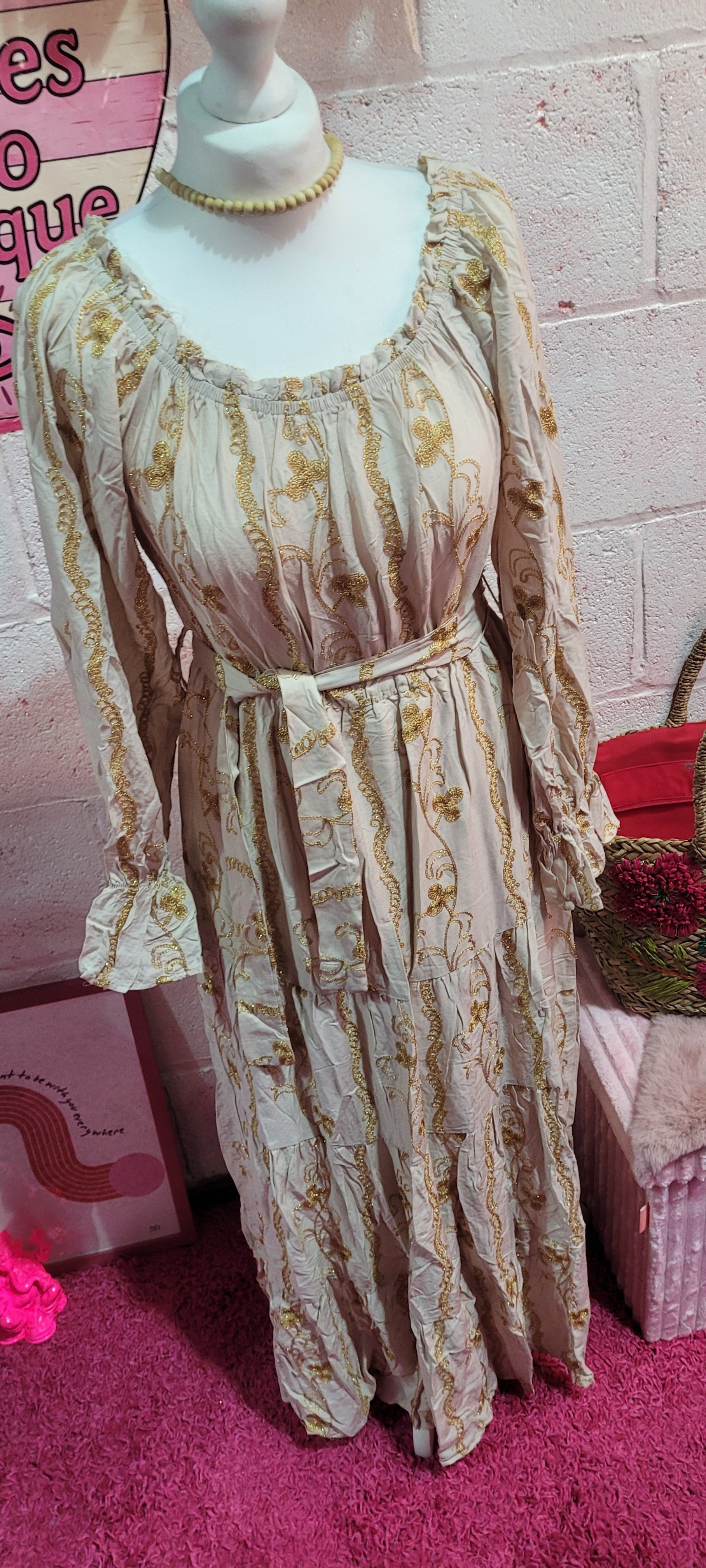 Daisy Embellished Gilt Bardot Belted Maxi Dress Ivory & Gold