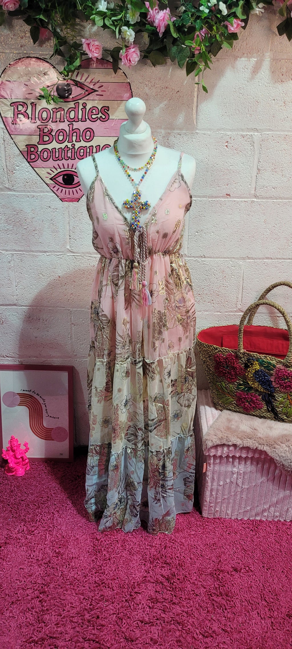 Golden Goddess Tiered Strappy Maxi Dress Pink & Gold