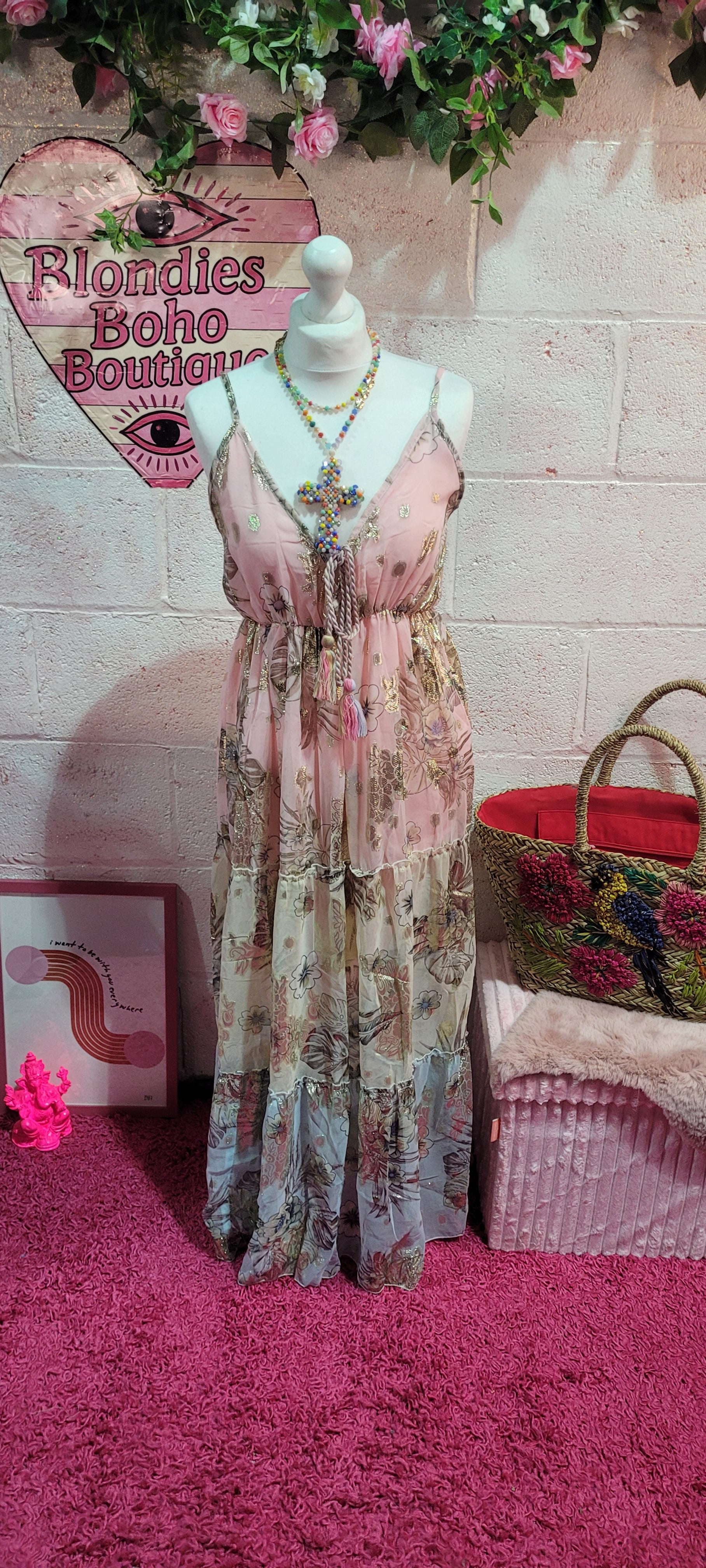 Golden Goddess Tiered Strappy Maxi Dress Pink & Gold