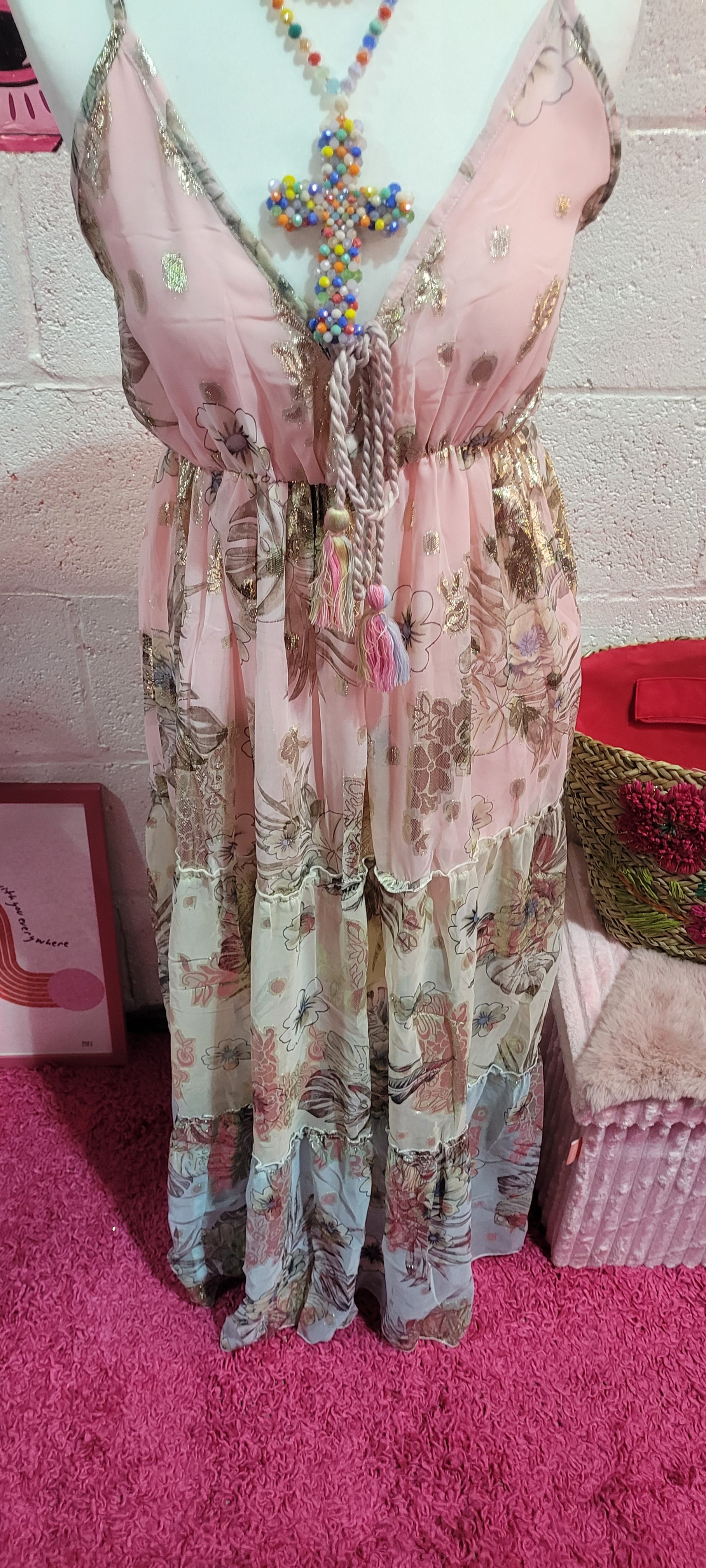Golden Goddess Tiered Strappy Maxi Dress Pink & Gold
