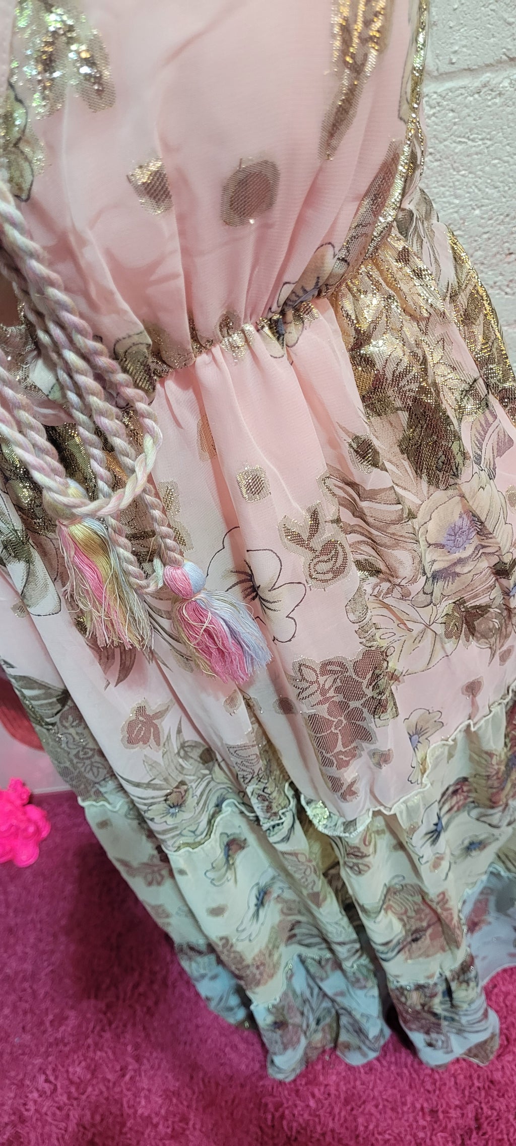 Golden Goddess Tiered Strappy Maxi Dress Pink & Gold