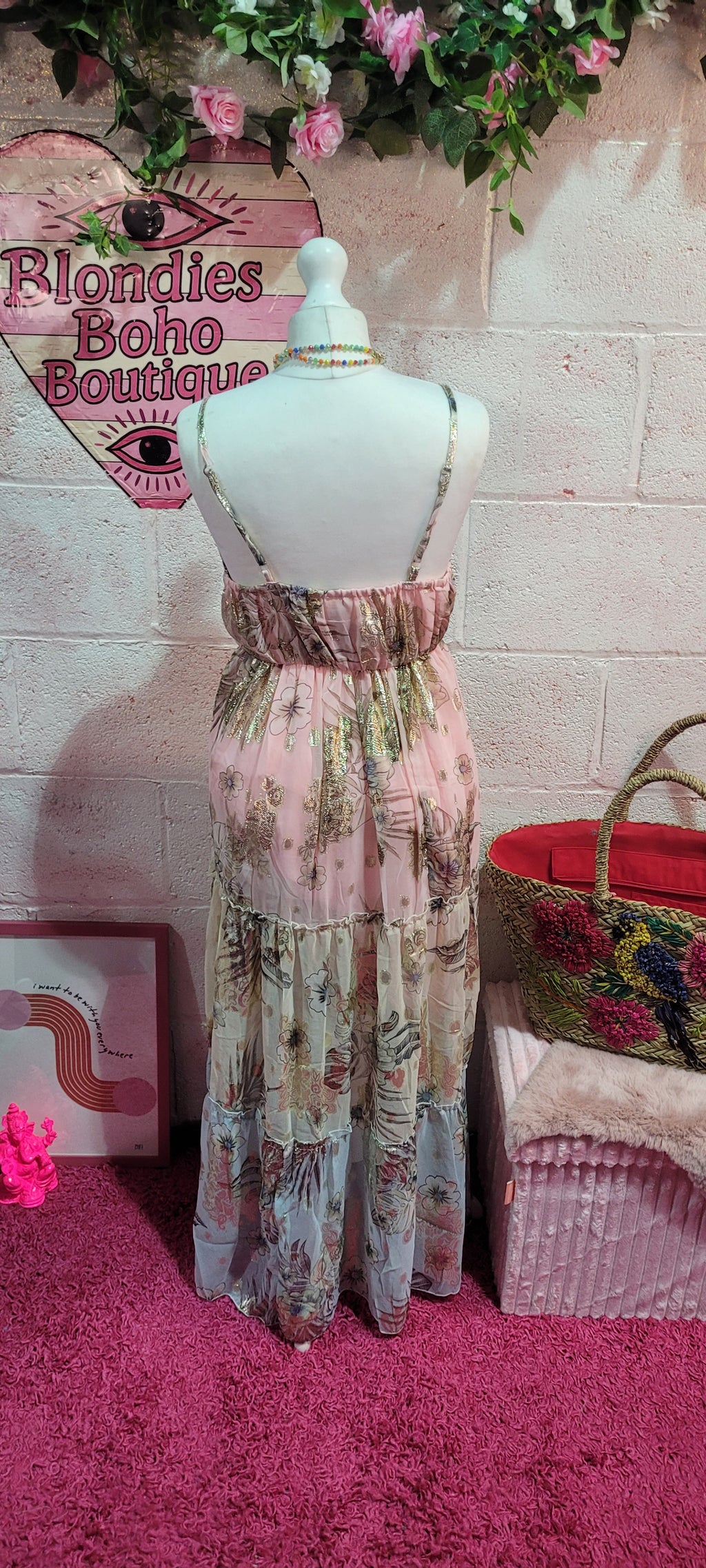 Golden Goddess Tiered Strappy Maxi Dress Pink & Gold