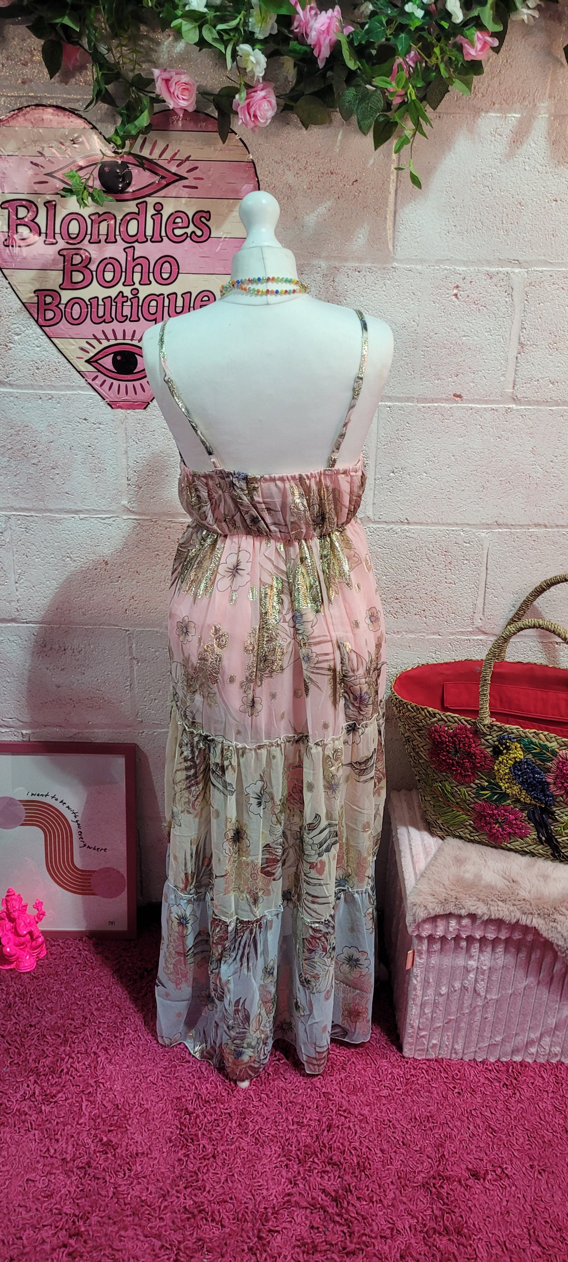 Golden Goddess Tiered Strappy Maxi Dress Pink & Gold