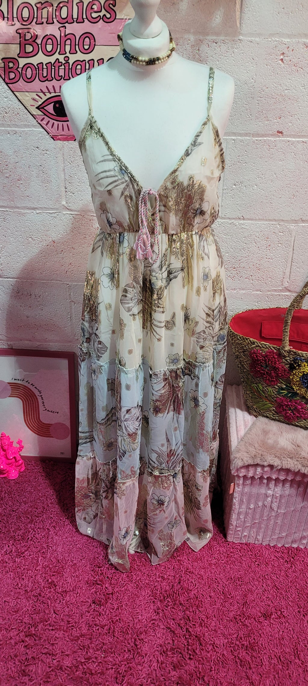 Golden Goddess Tiered Strappy Maxi Dress Ivory & Gold