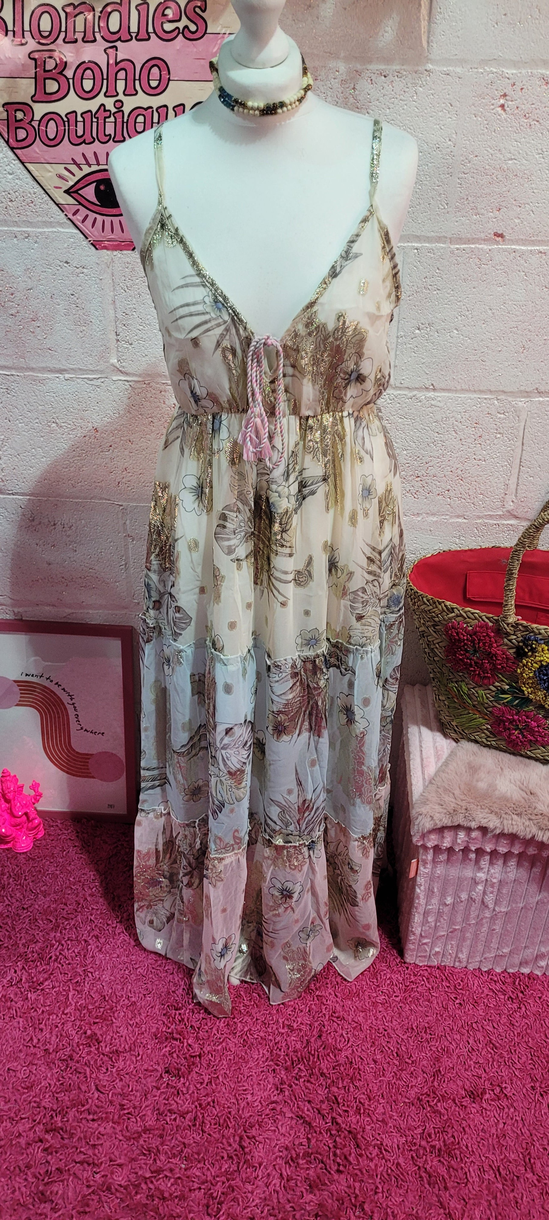 Golden Goddess Tiered Strappy Maxi Dress Ivory & Gold