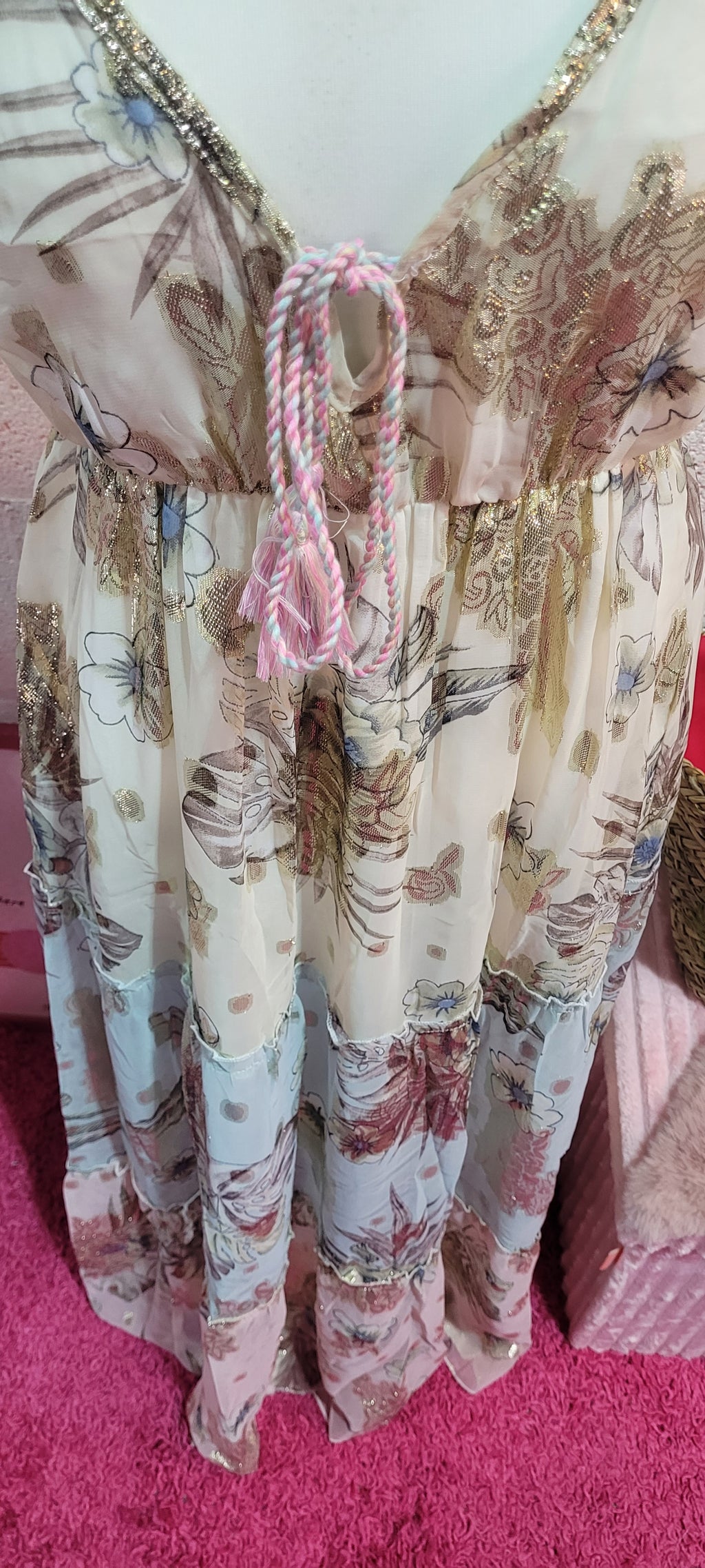 Golden Goddess Tiered Strappy Maxi Dress Ivory & Gold