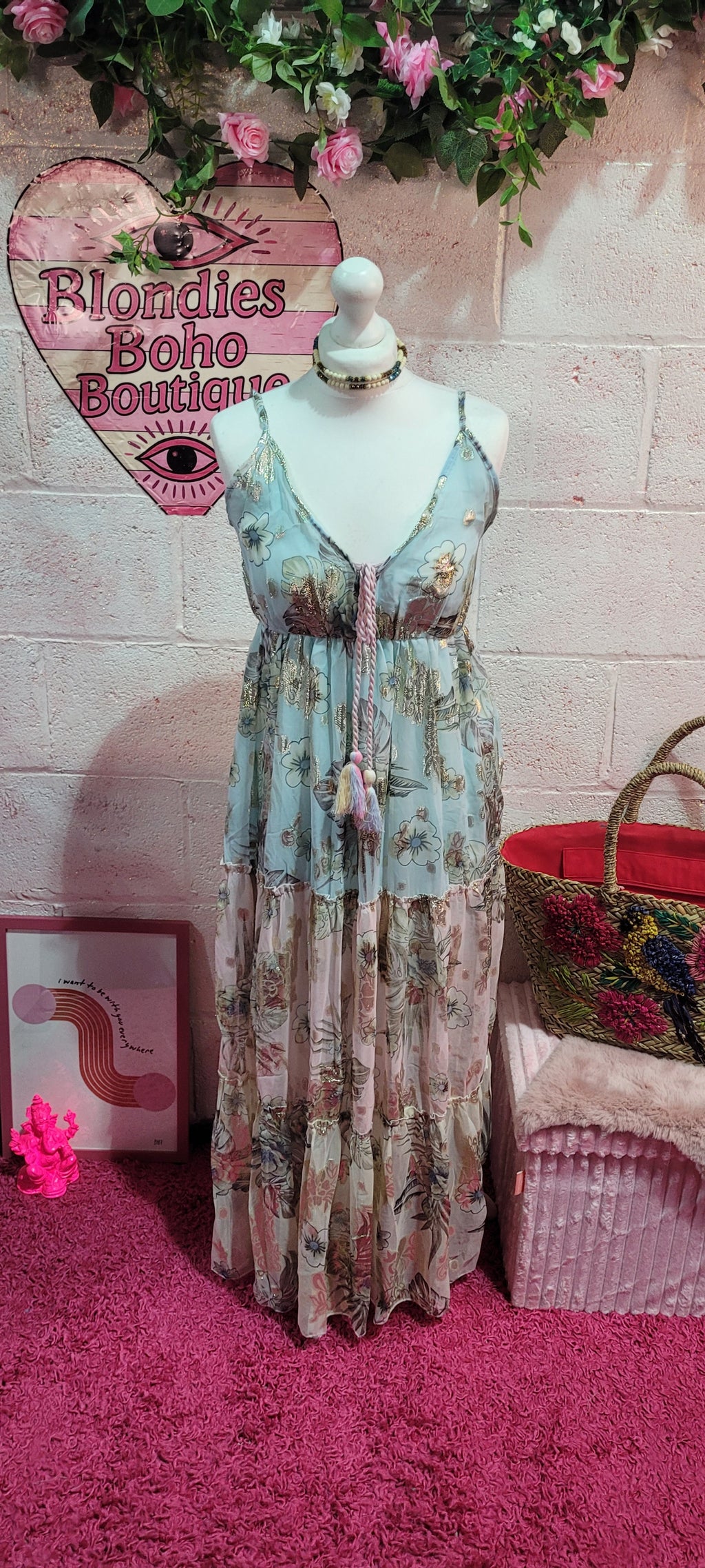Golden Goddess Tiered Strappy Maxi Dress Teal & Gold