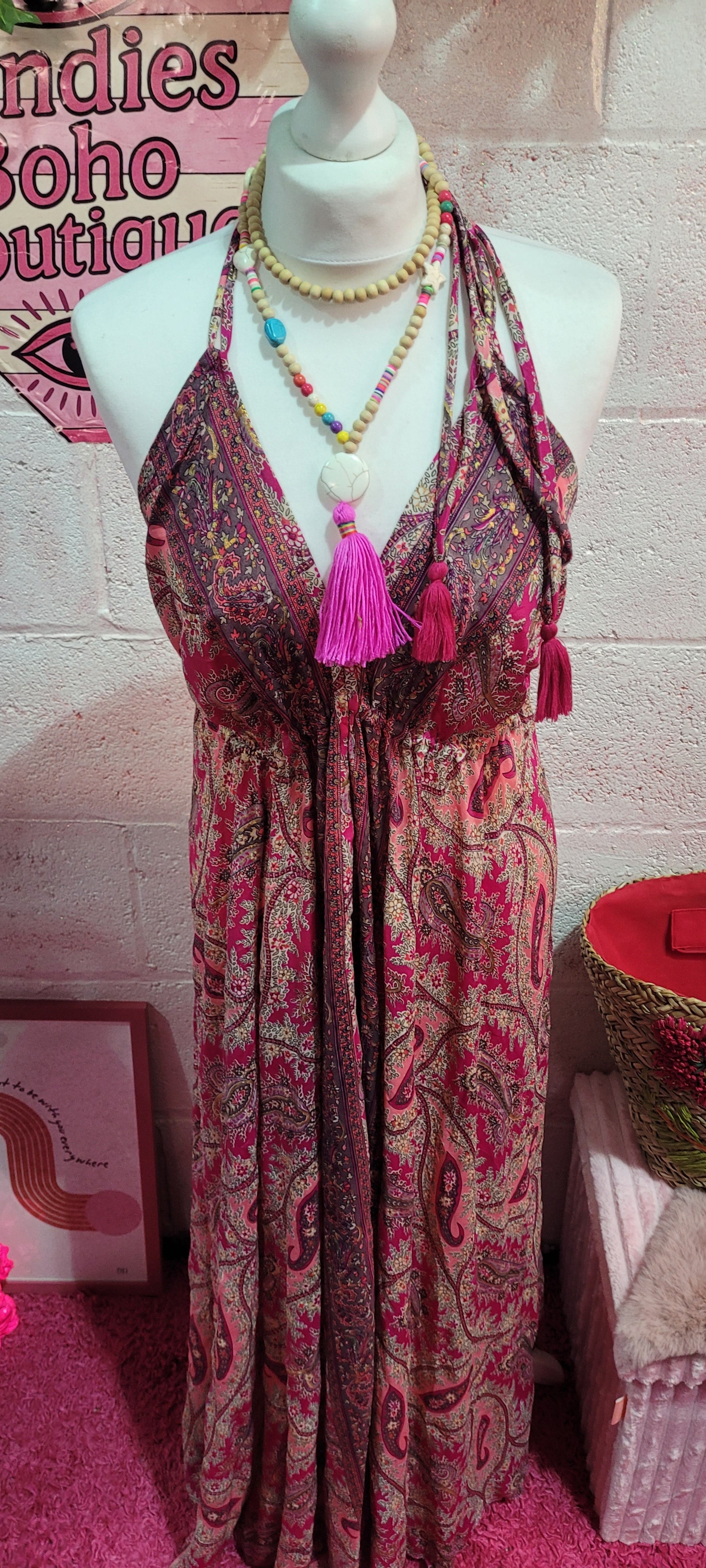 Tabitha Strappy Paisley Maxi Dress Fushia Pink Blend