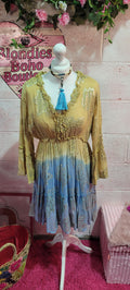 Sienna Summer Frill Midi Dress Blue & Gold