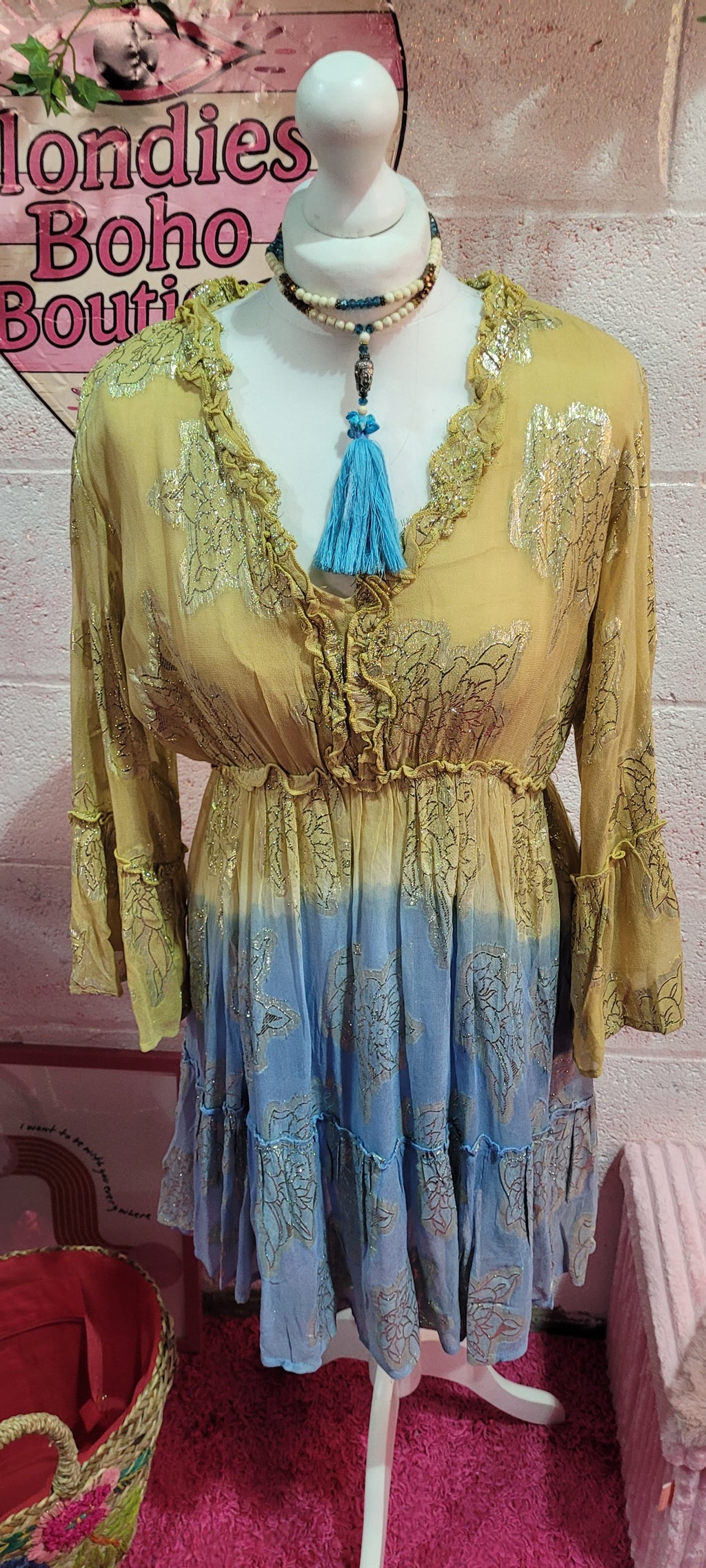 Sienna Summer Frill Midi Dress Blue & Gold