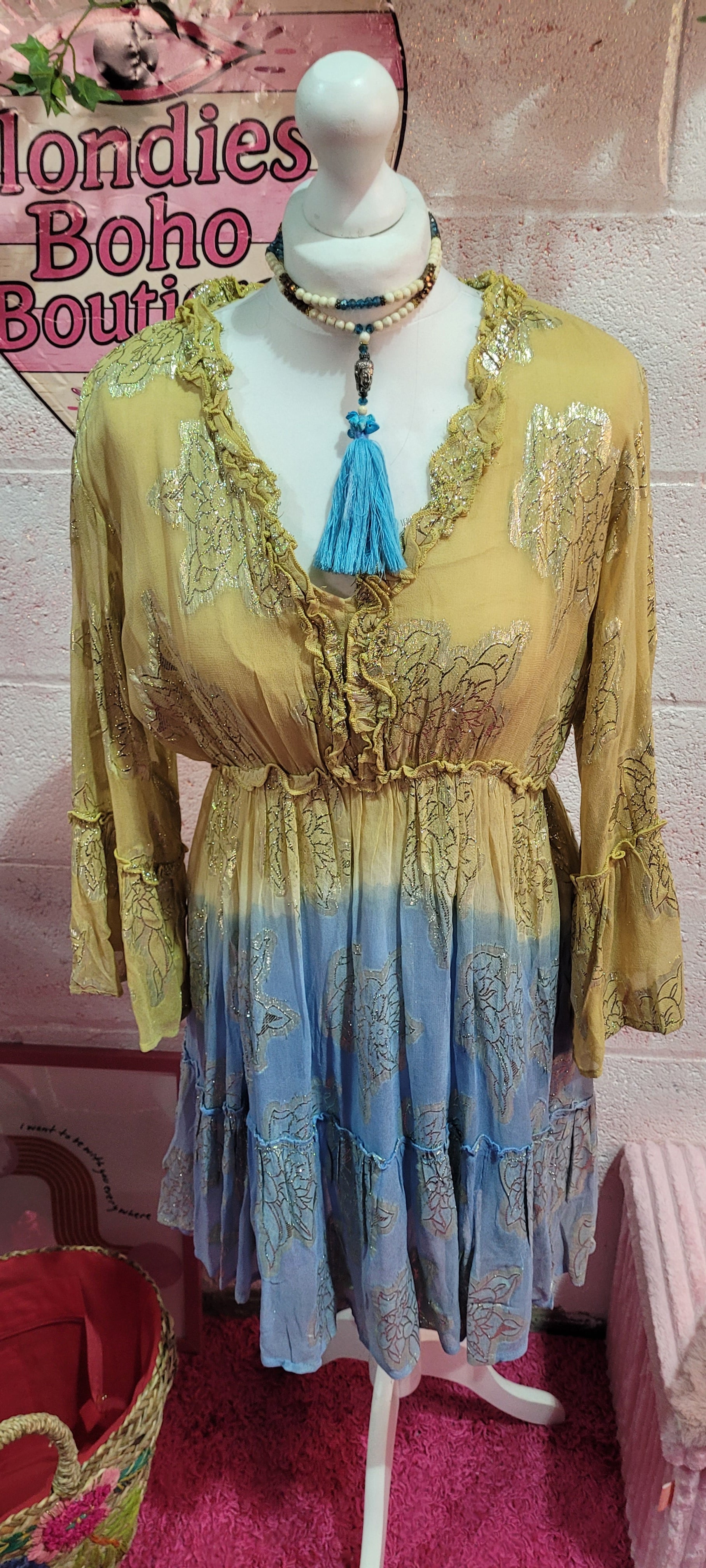 Sienna Summer Frill Midi Dress Blue & Gold