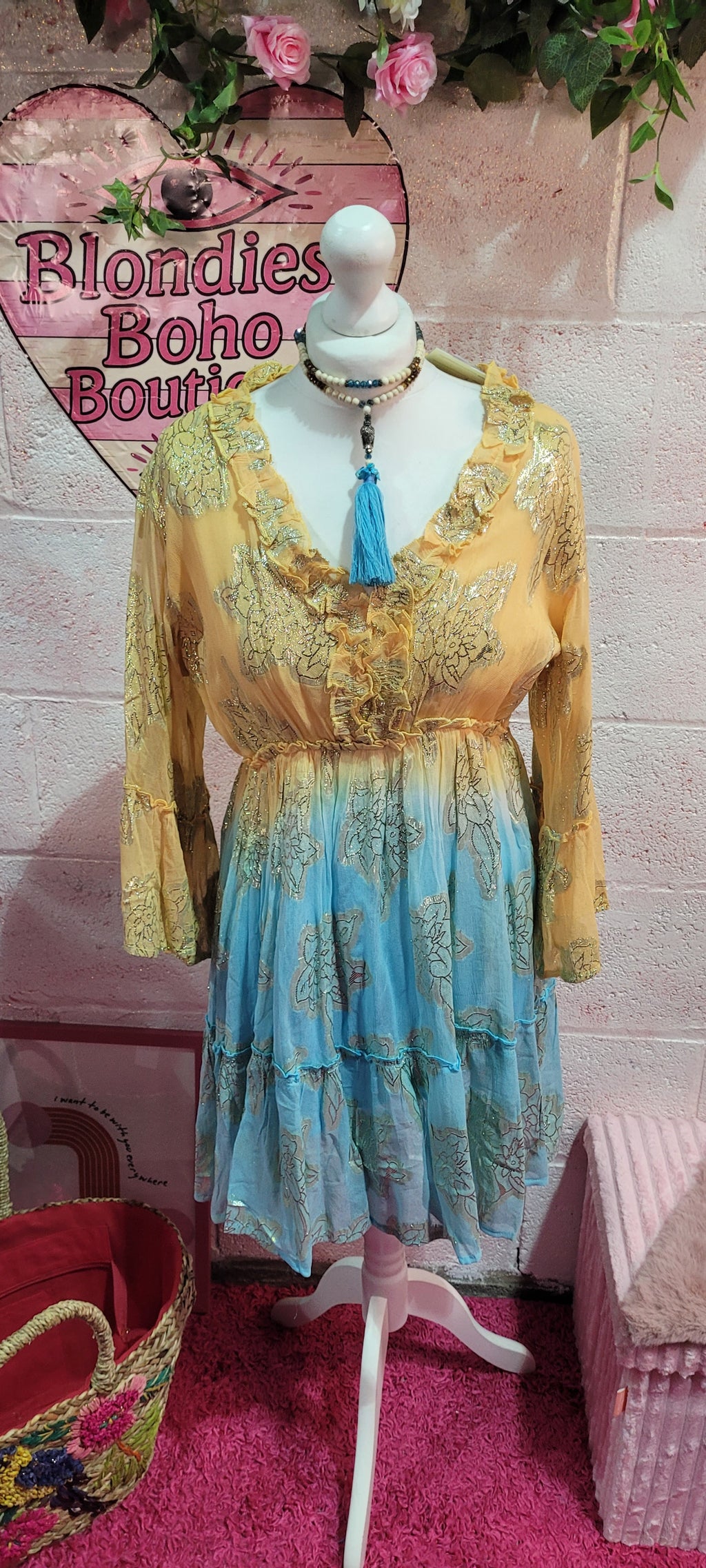 Sienna Summer Frill Midi Dress Teal & Gold