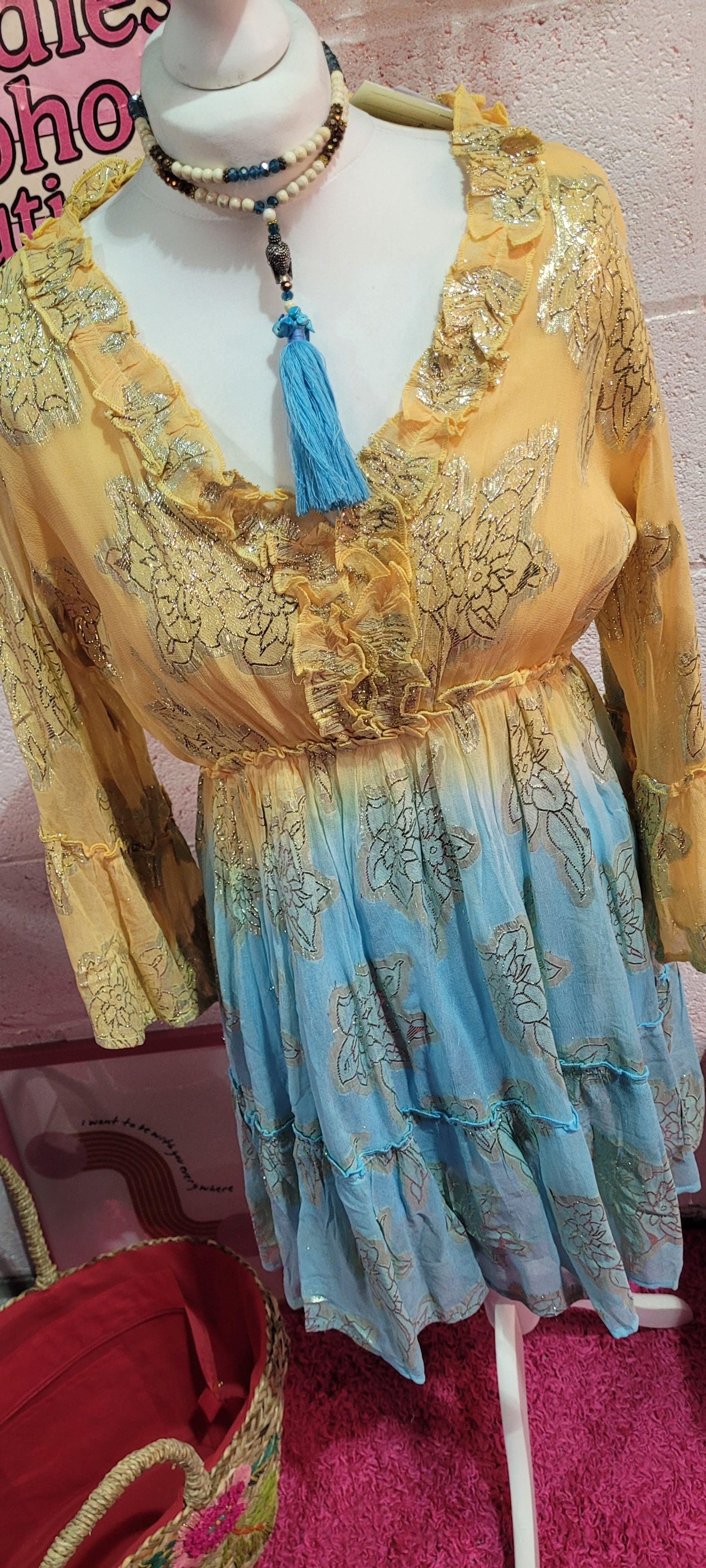 Sienna Summer Frill Midi Dress Teal & Gold