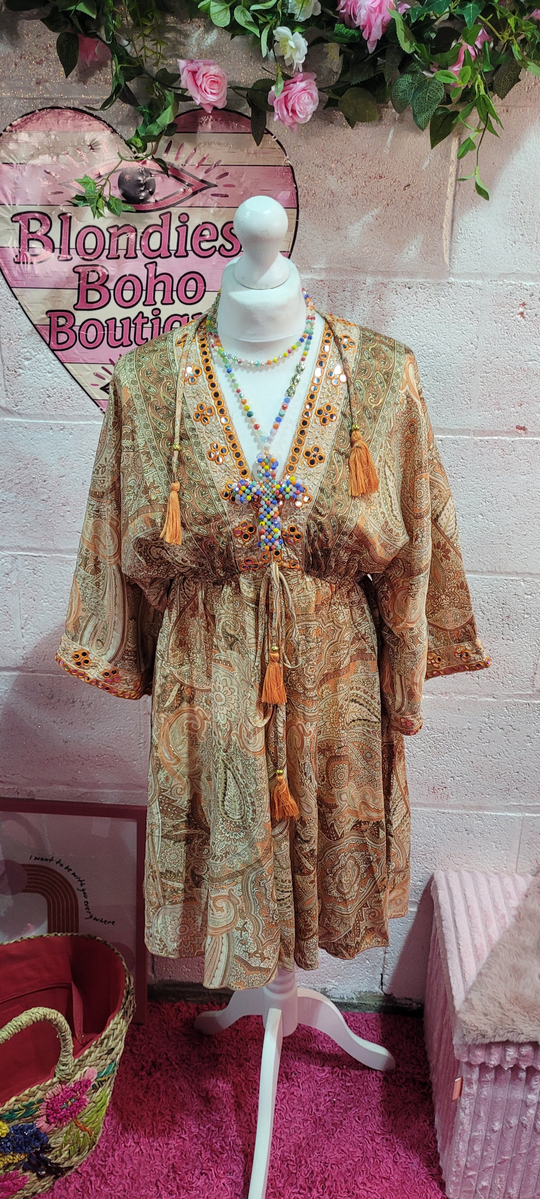 Freya Boho Mirrored Embellished Midi Dress Tangerine & Cream