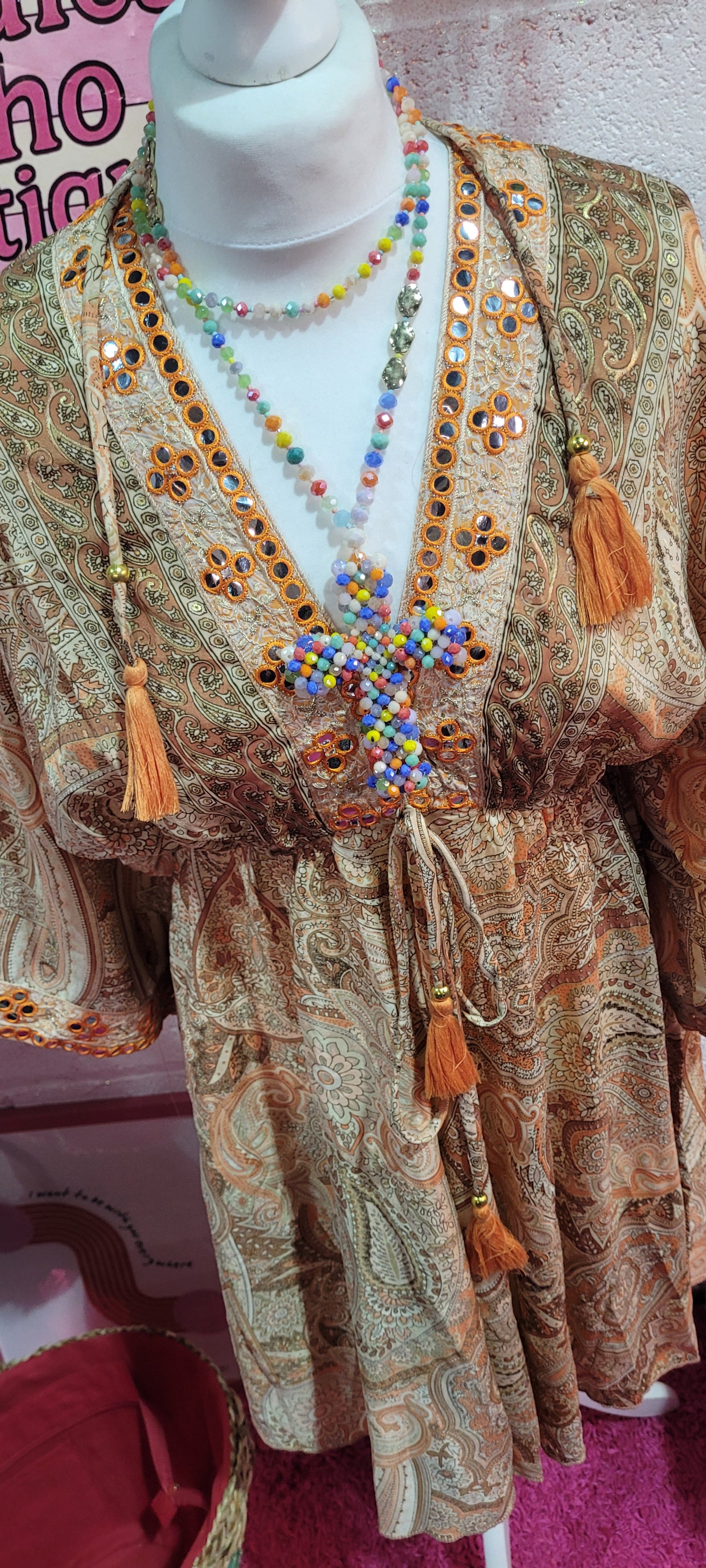 Freya Boho Mirrored Embellished Midi Dress Tangerine & Cream