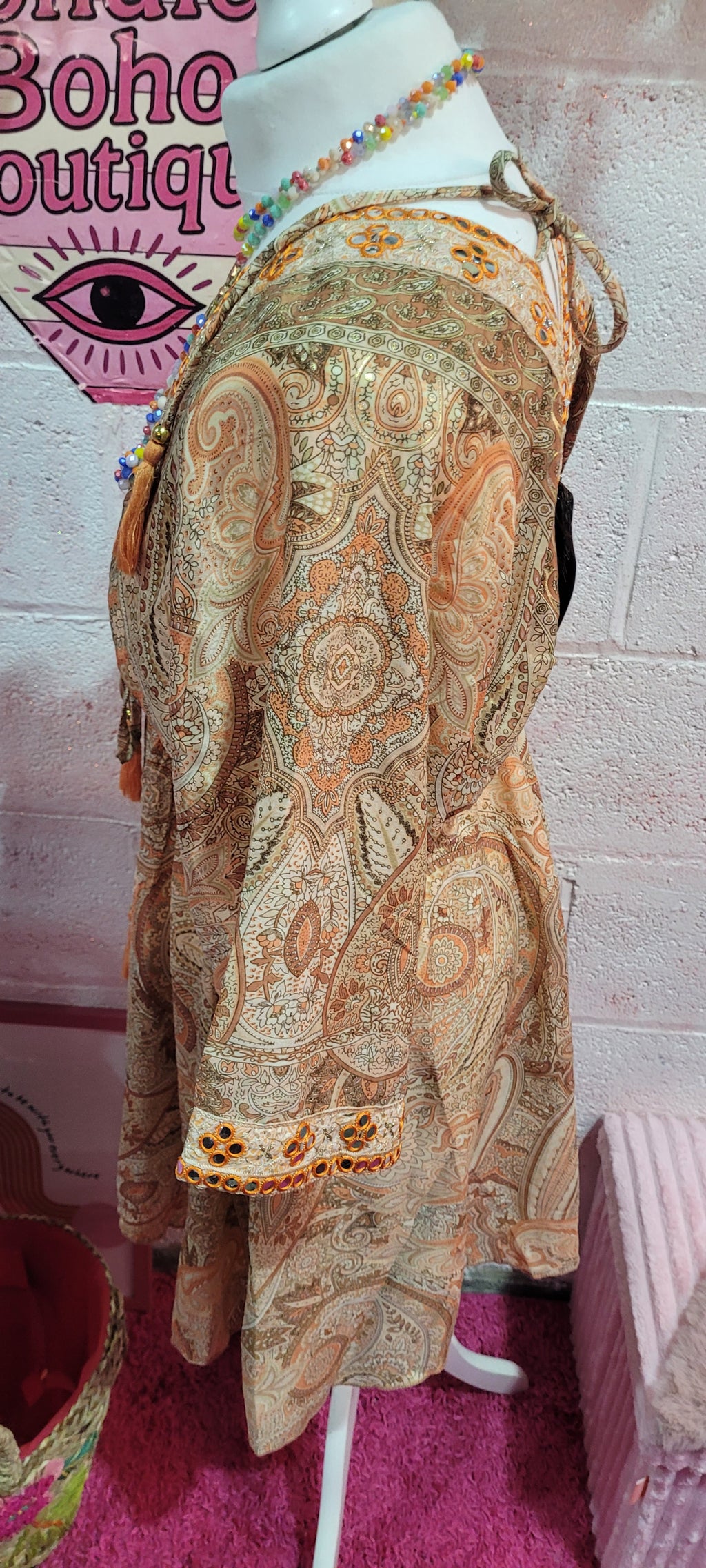 Freya Boho Mirrored Embellished Midi Dress Tangerine & Cream