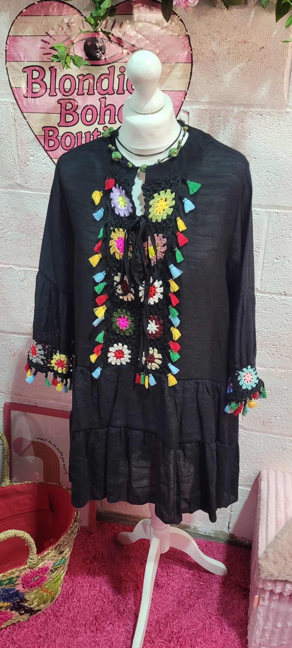 Pavana Crochet Trimmed Tassel Midi Beach Dress Black