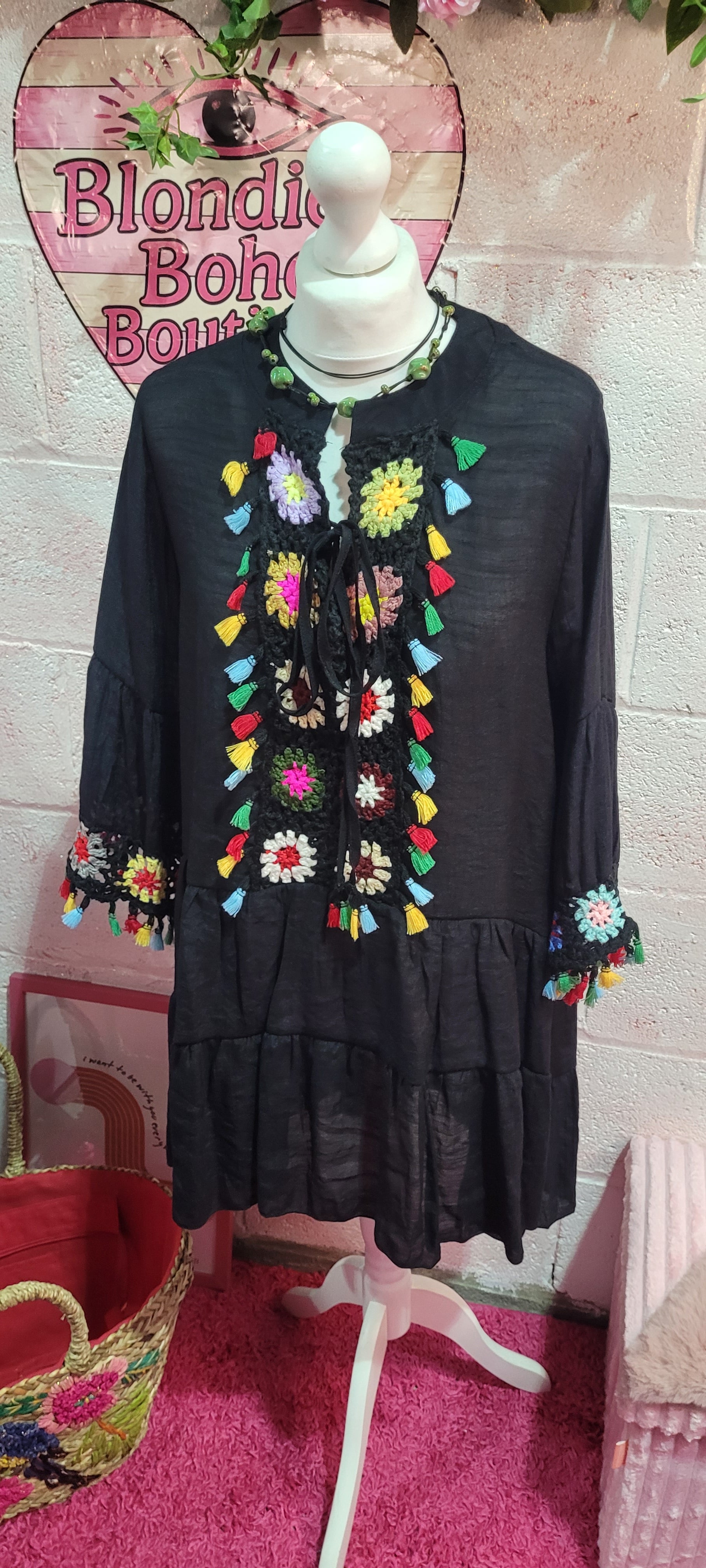 Pavana Crochet Trimmed Tassel Midi Beach Dress Black