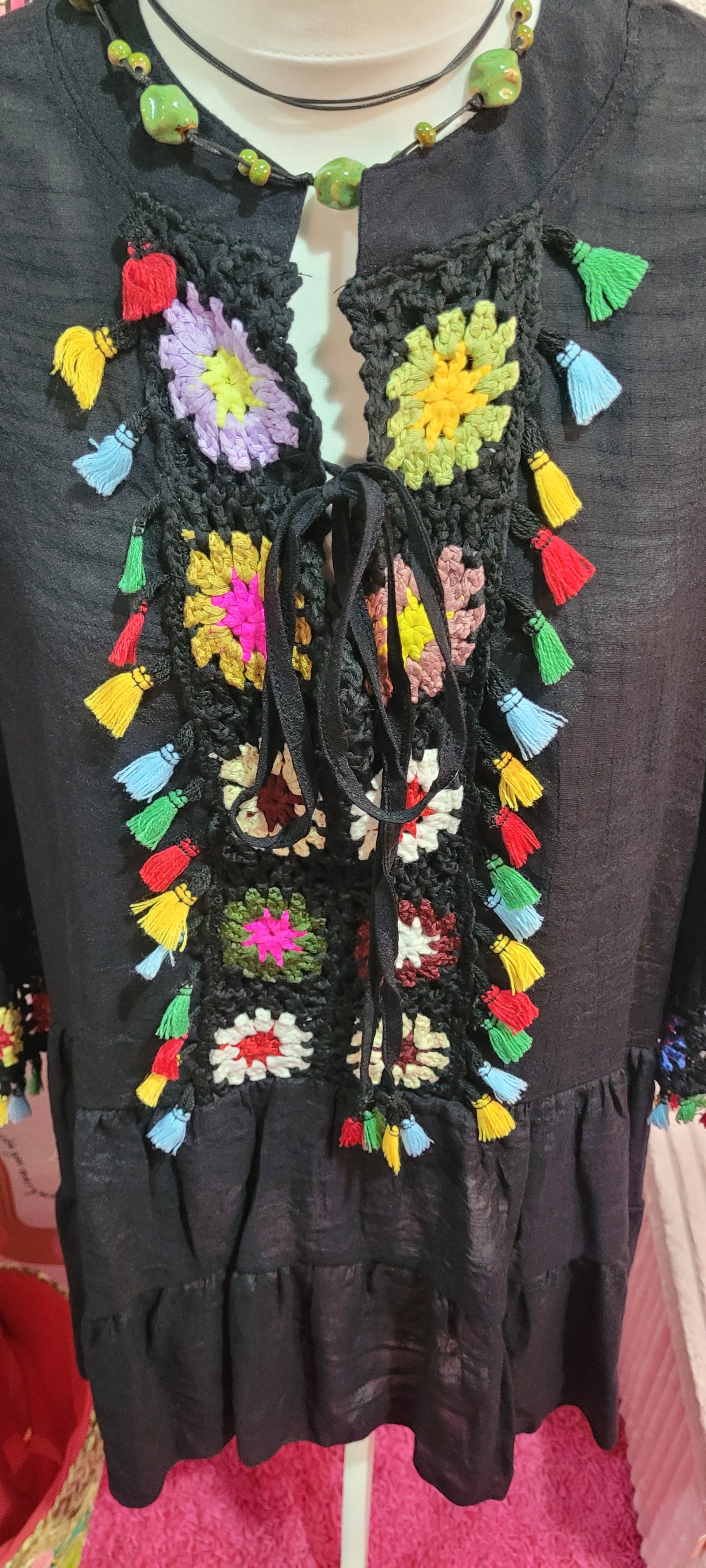 Pavana Crochet Trimmed Tassel Midi Beach Dress Black