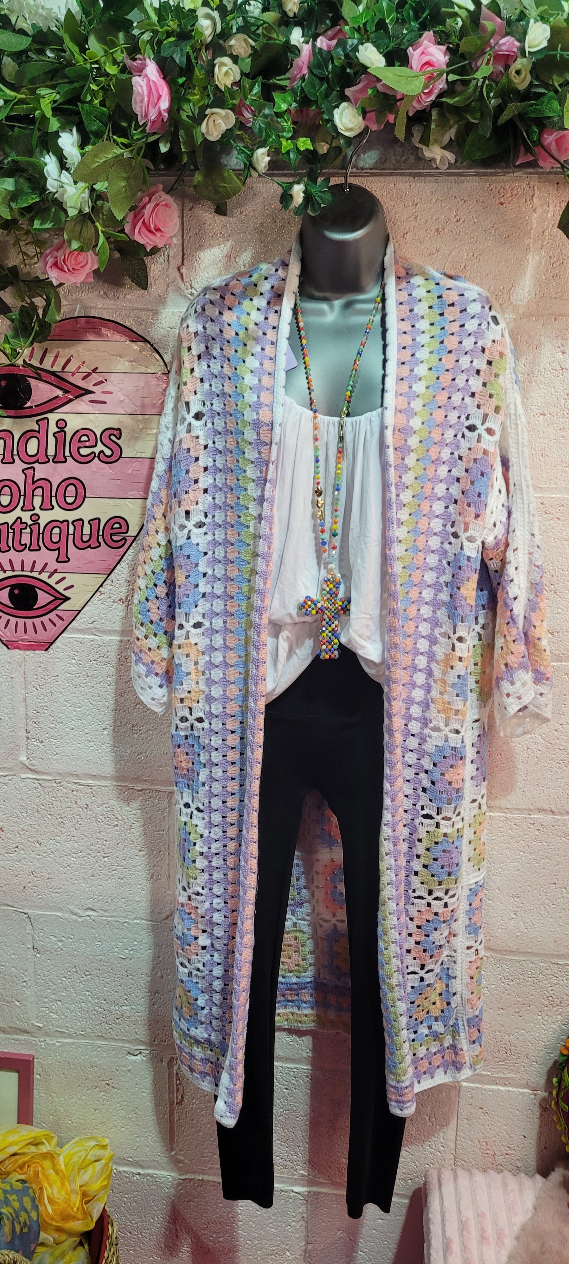 Lily Long Line Crochet Cardigan Pastel Pinks, Whites, Lilacs