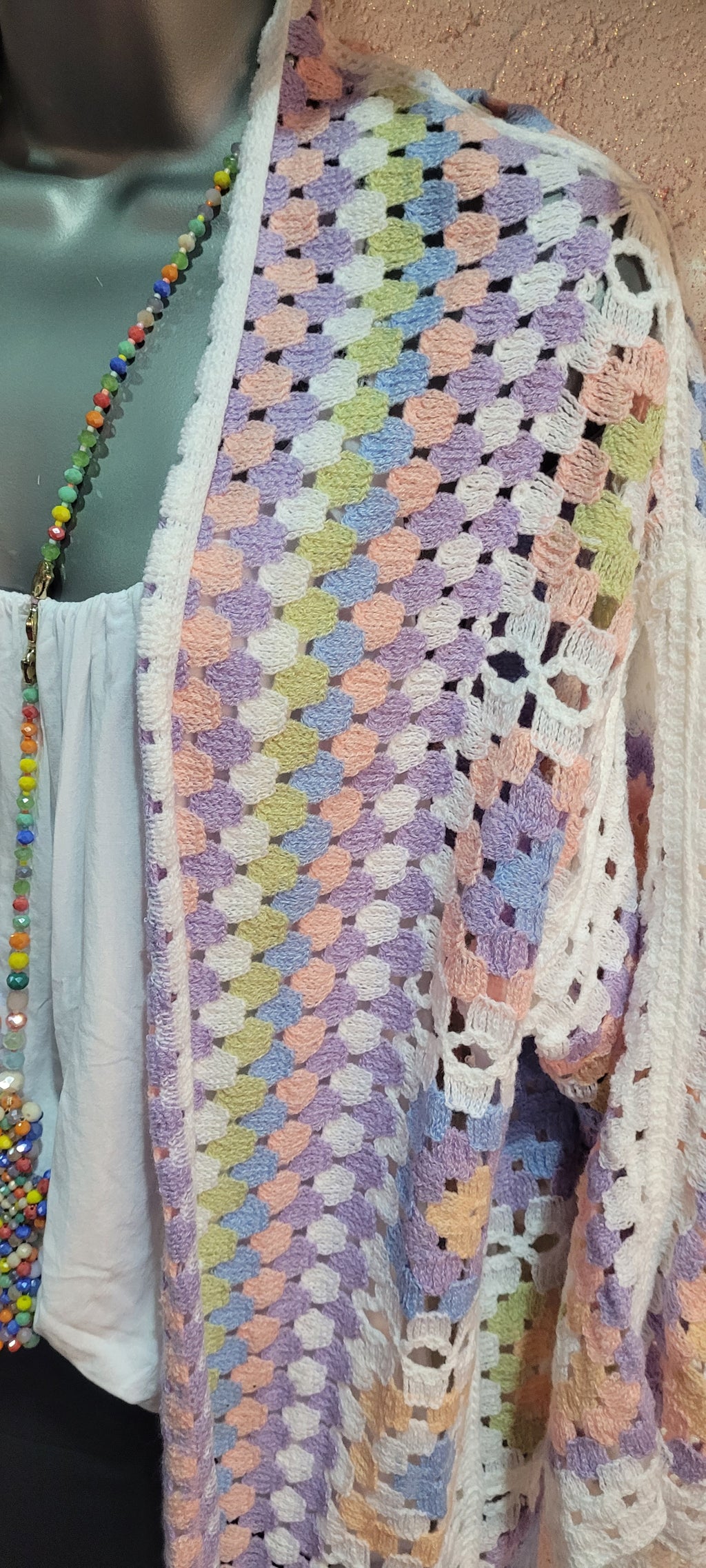 Lily Long Line Crochet Cardigan Pastel Pinks, Whites, Lilacs